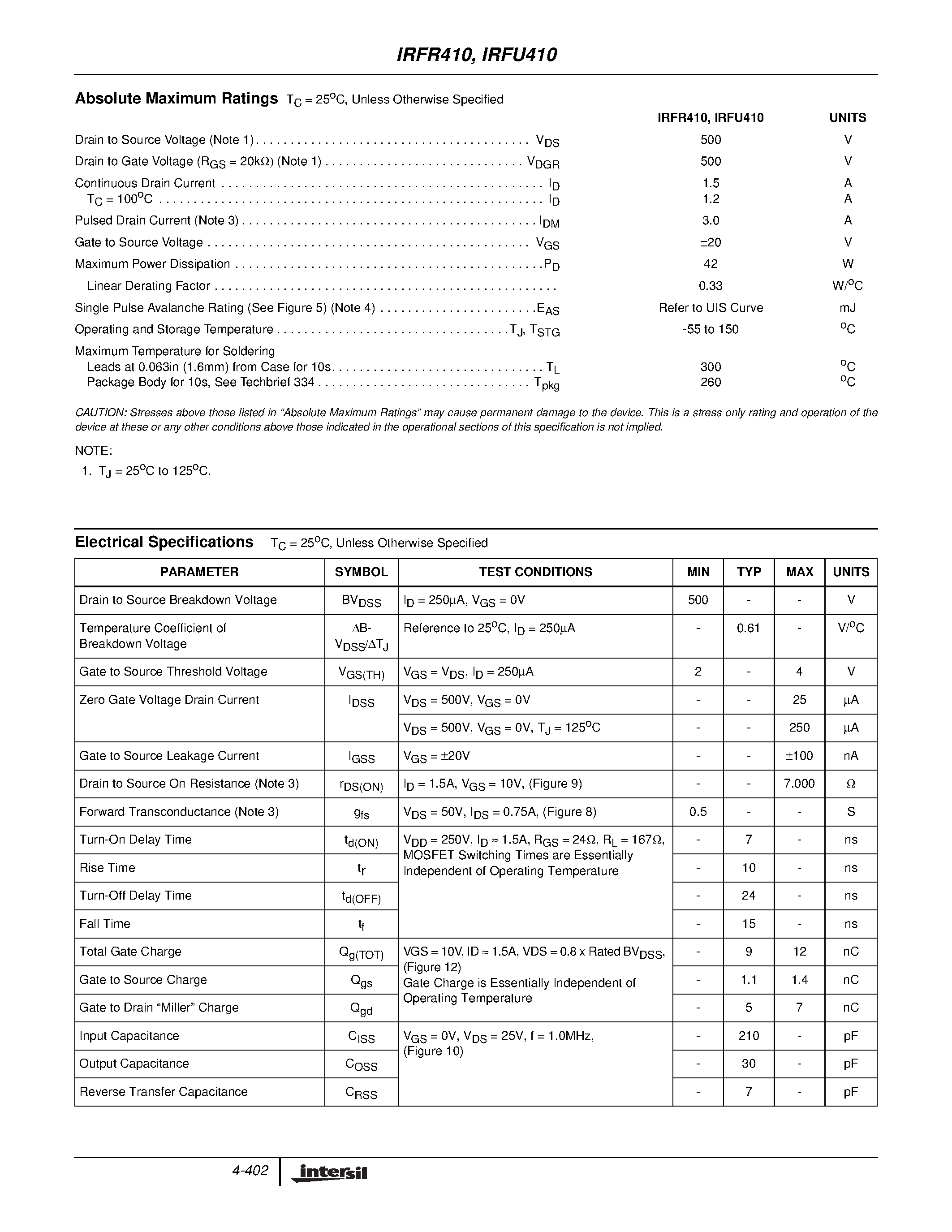 Datasheet IRFU410 - 1.5A / 500V / 7.000 Ohm / N-Channel Power MOSFETs page 2