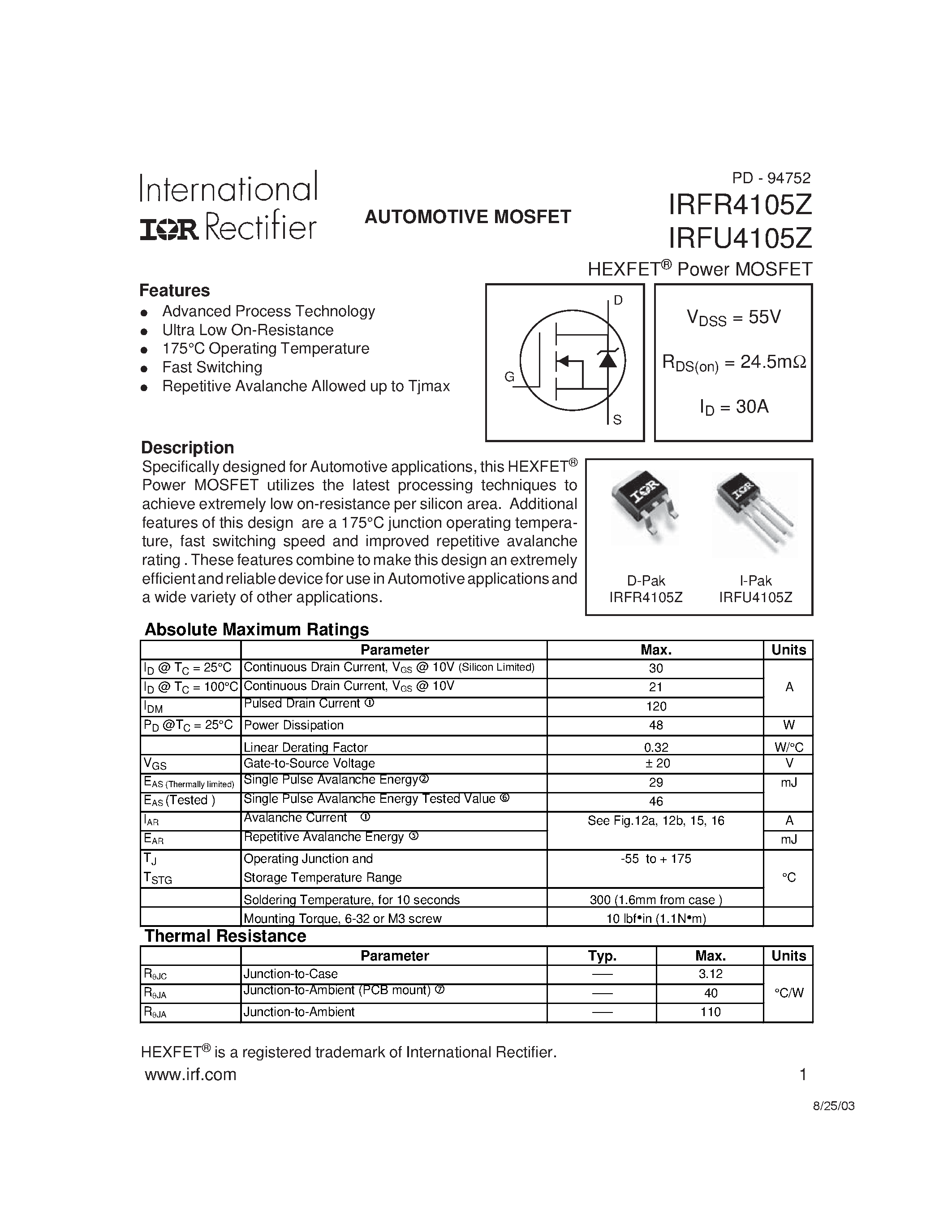 Datasheet IRFU4105Z - Power MOSFET(Vds=55V / Rds(on)=24.5mohm / Id=30A) page 1