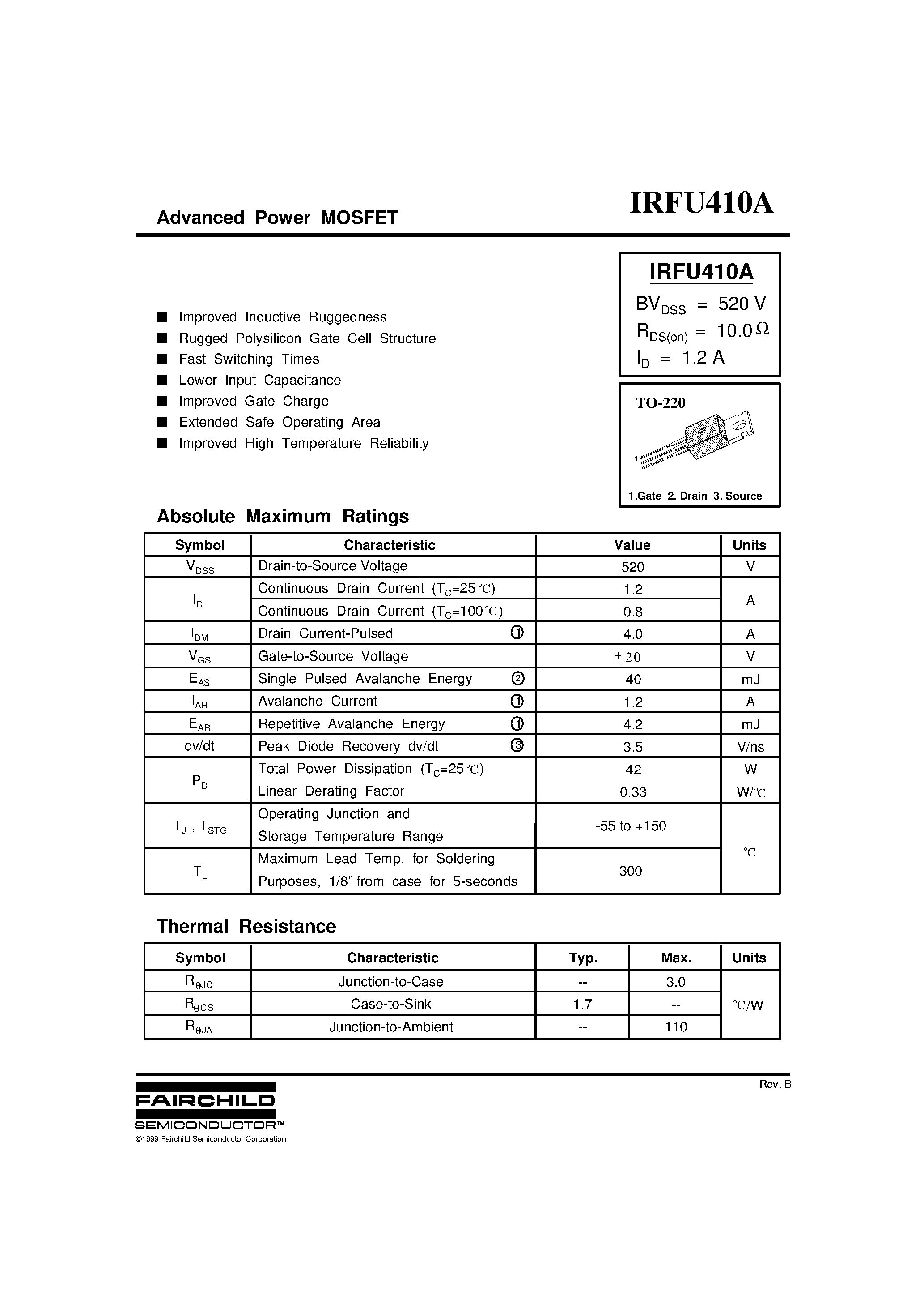 Datasheet IRFU410A - Advanced Power MOSFET page 1