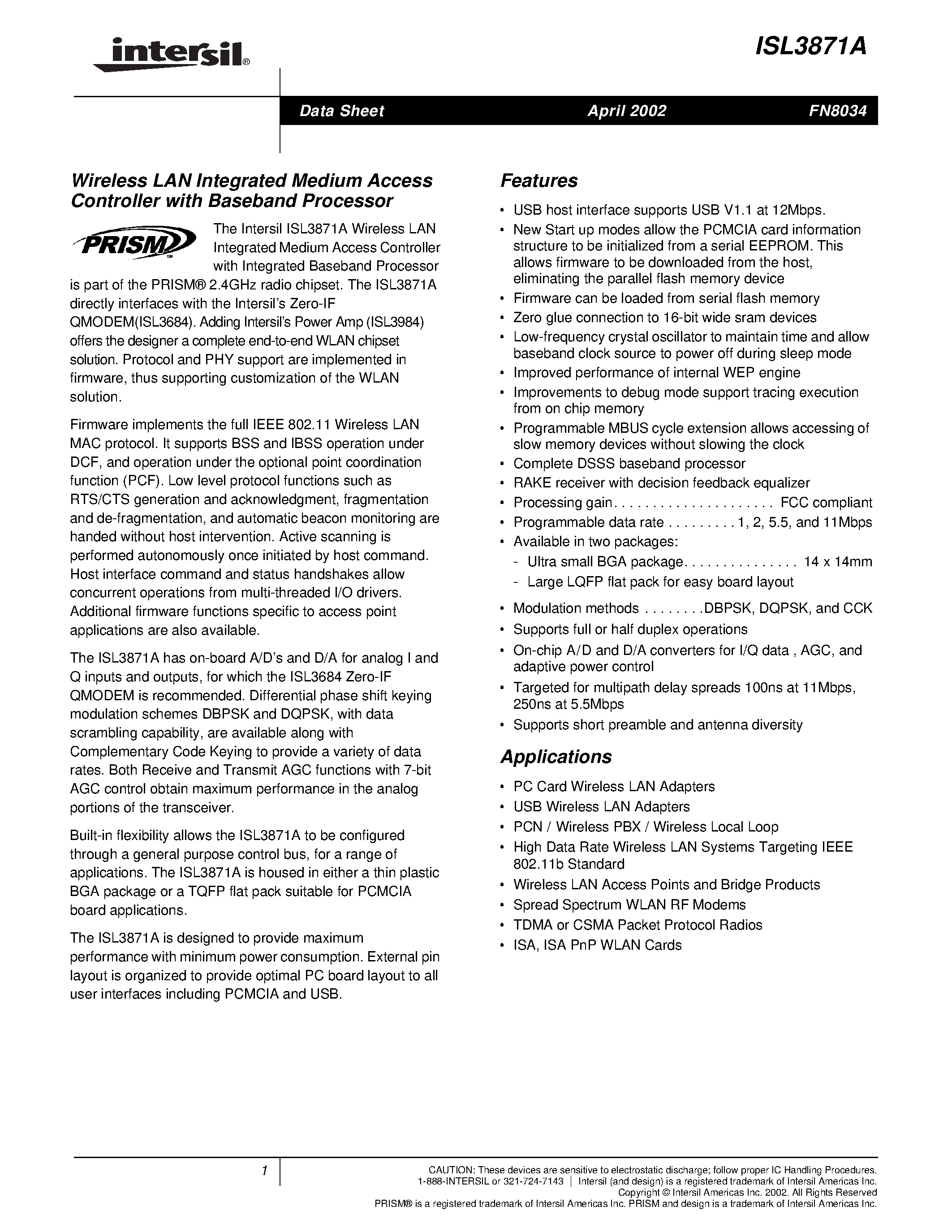 Datasheet ISL3871A - Wireless LAN Integrated Medium Access Controller with Vaseband Processor page 1