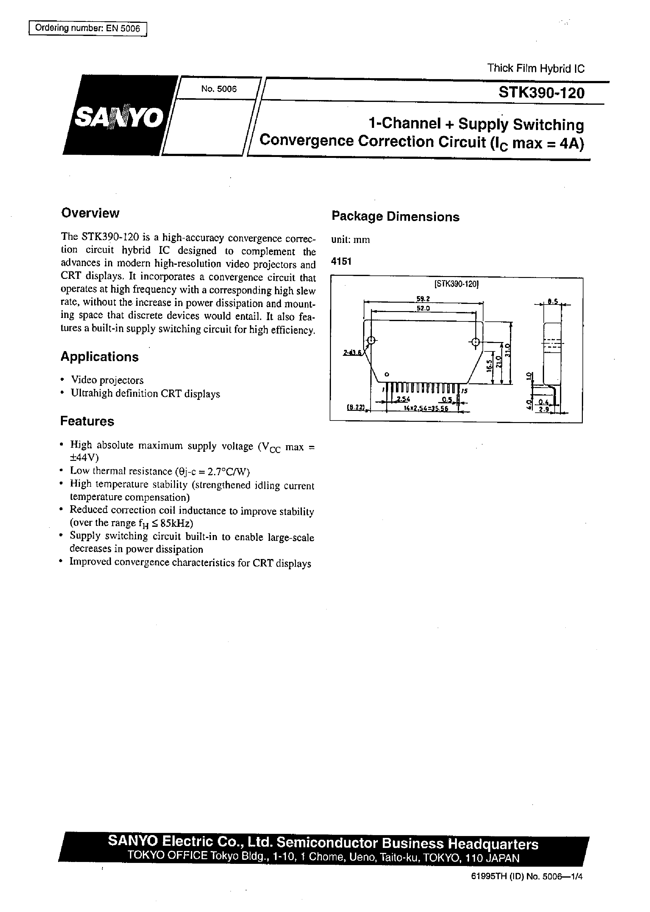 Даташит на микросхему STK390-120 страница 1 Даташит STK390-120 - 1-Channel + Supply Switching Convergence Correction Circuit(Ic max=4A) страница 1