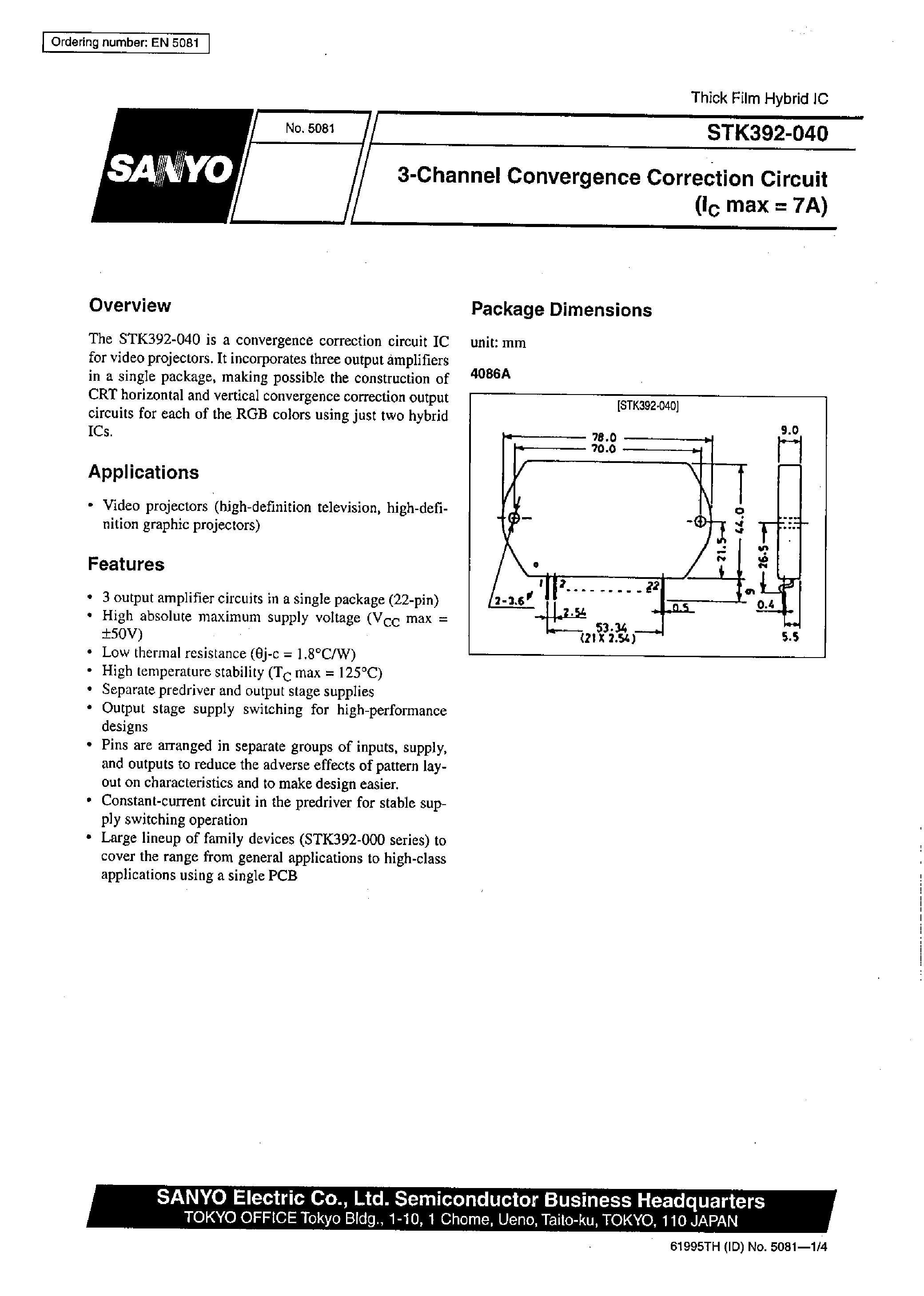 Даташит на микросхему STK392-040 страница 1 Даташит STK392-040 - 3-Channel Convergence Correction Circuit(Ic max=7A) страница 1