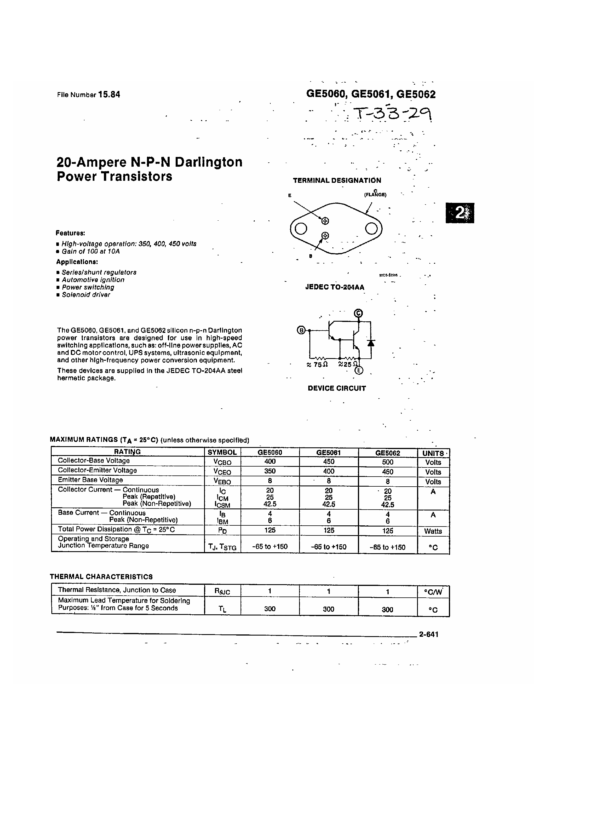 Даташит на микросхему GE5062 страница 1 Даташит GE5062 - 20 Ampere NPN Darlington Power Transistors страница 1
