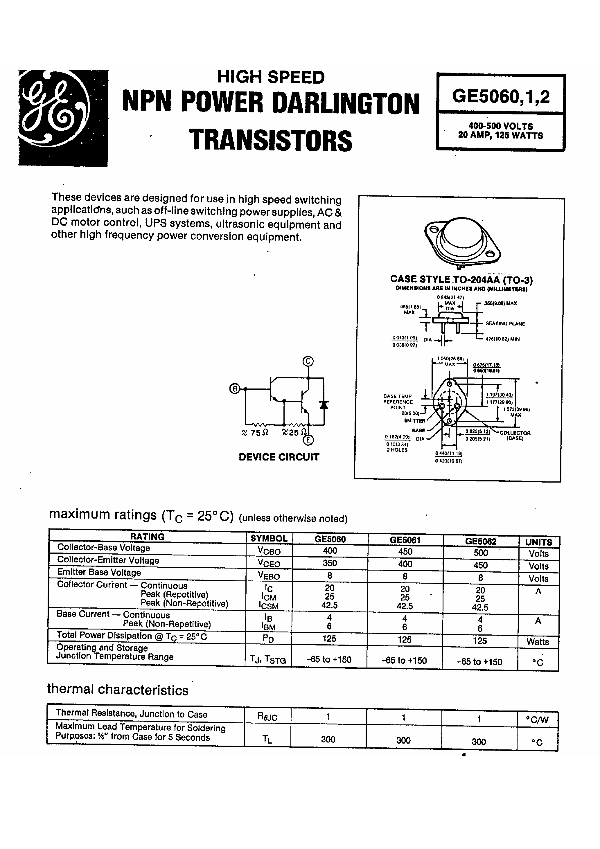 Даташит на микросхему GE5062 страница 1 Даташит GE5062 - NPN Power Darlington Transistors страница 1