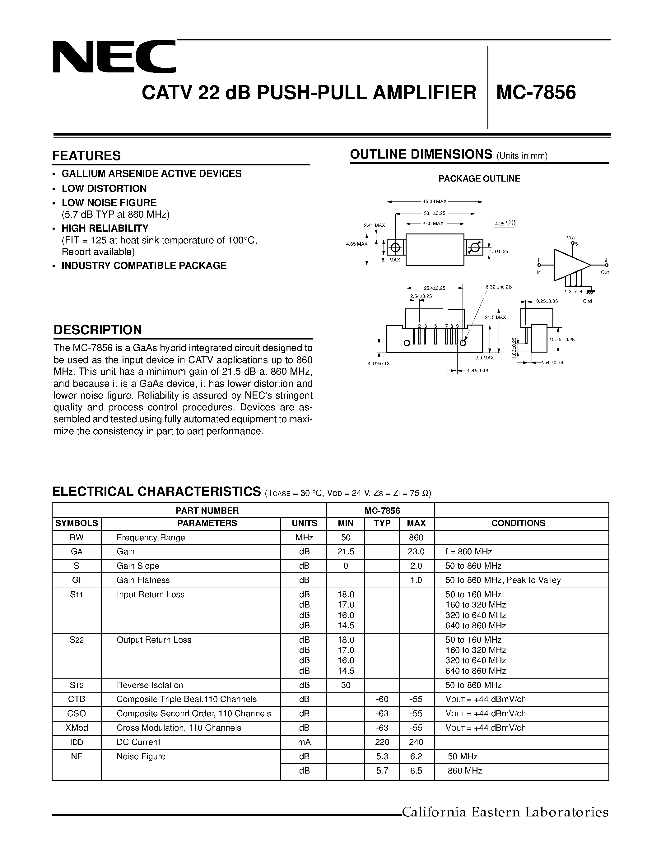 Даташит на микросхему MC7856 страница 1 Даташит MC7856 - CATV 22 dB PUSH-PULL AMPLIFIER страница 1