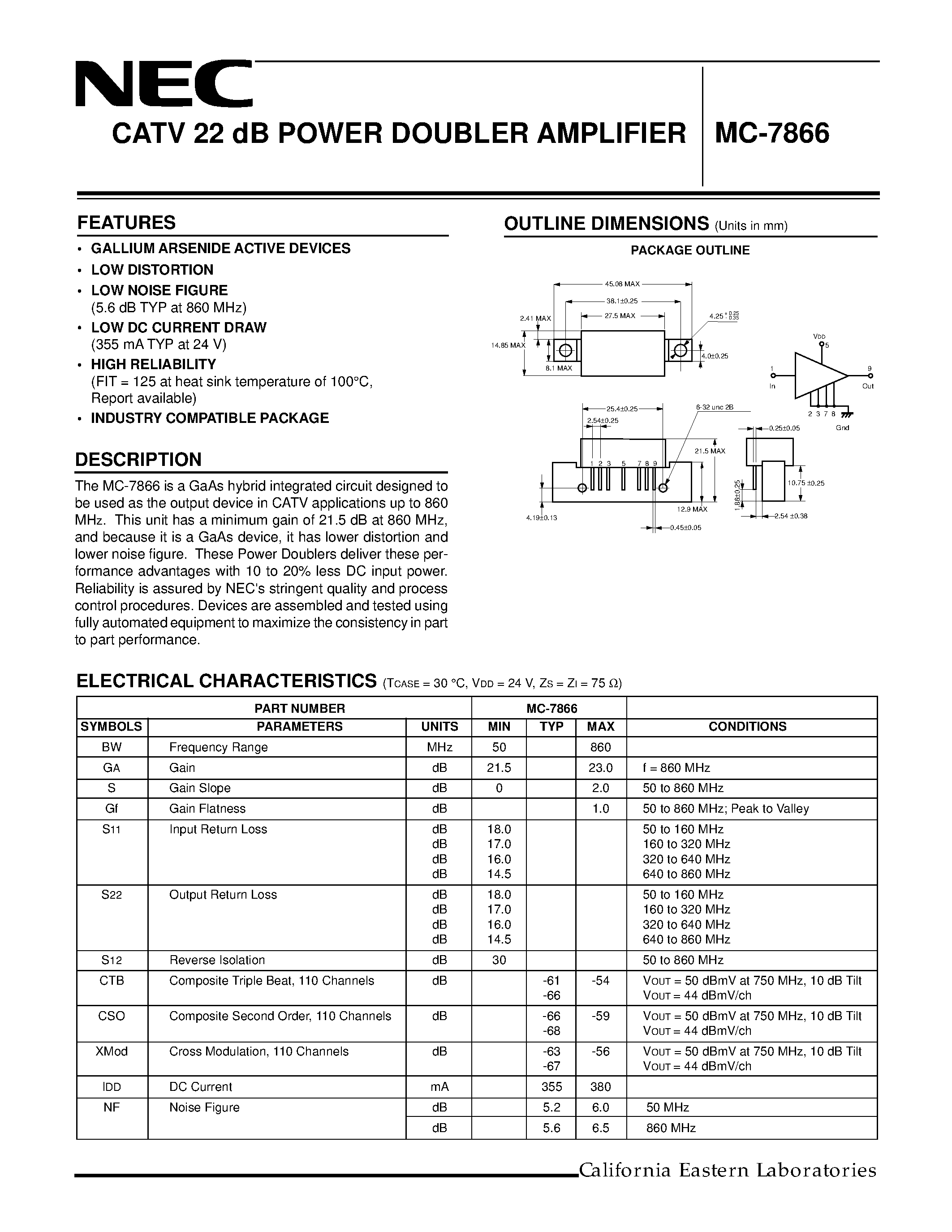 Даташит на микросхему MC7866 страница 1 Даташит MC7866 - CATV 22 dB POWER DOUBLER AMPLIFIER страница 1