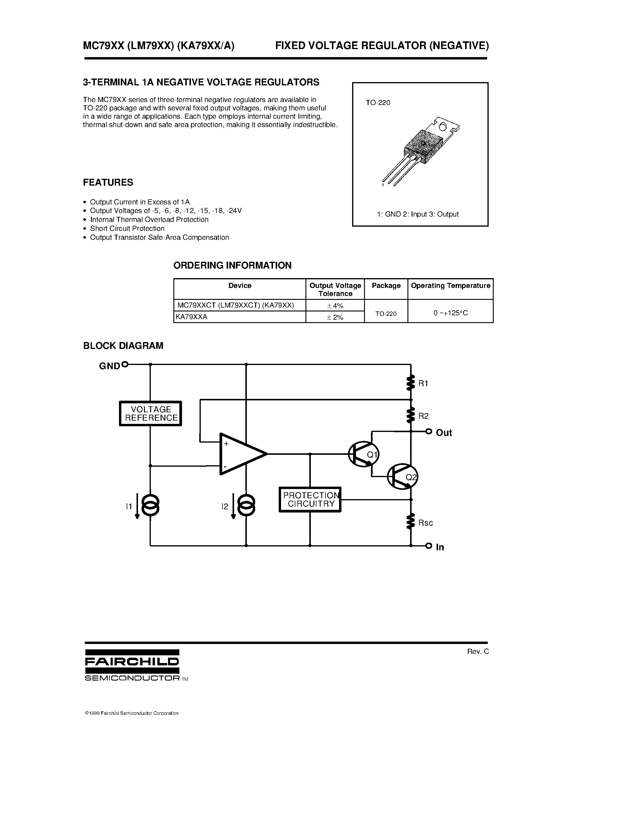 Даташит MC78918CT - 3-TERMINAL 1A NEGATIVE VOLTAGE REGULATORS страница 1