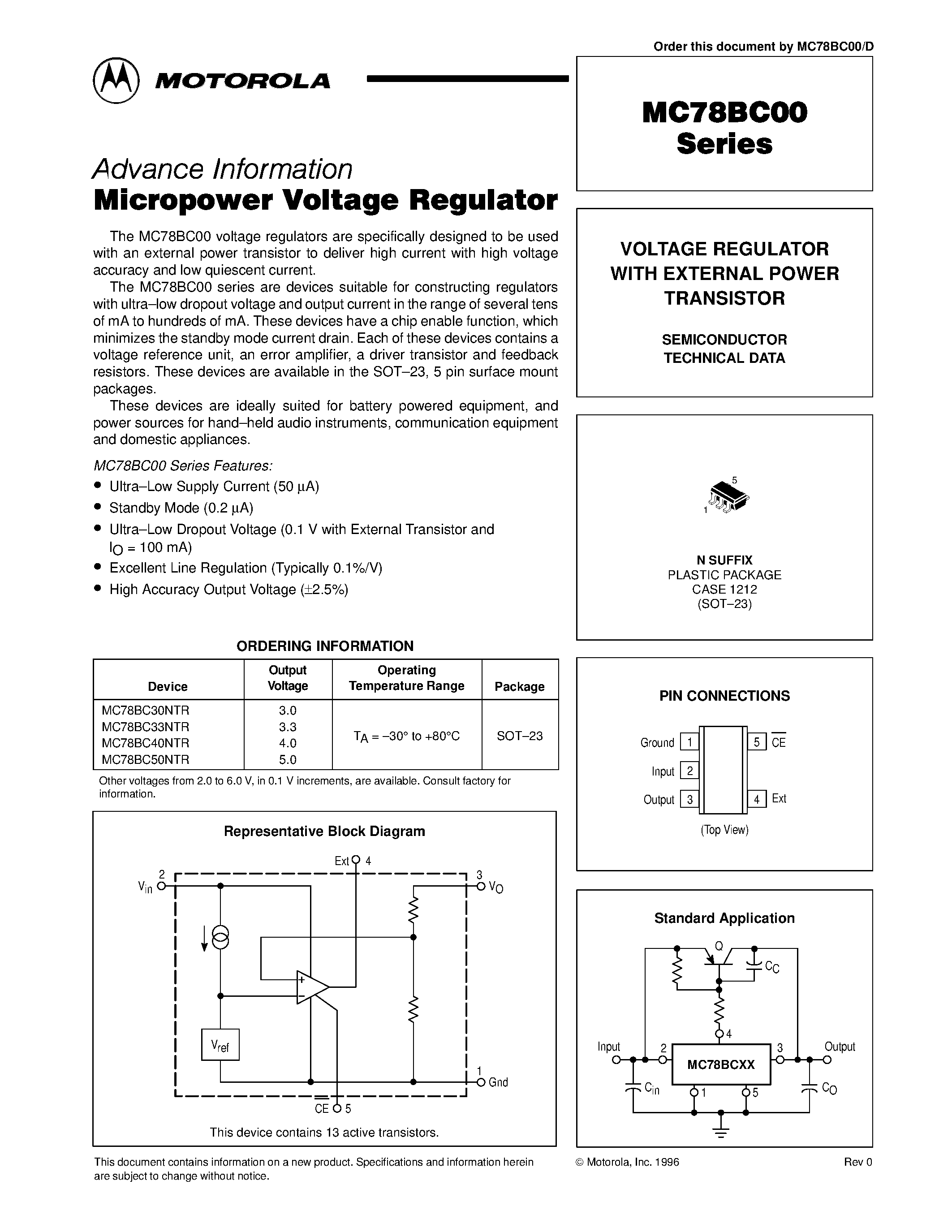 Даташит MC78BC00 - VOLTAGE REGULATOR WITH EXTERNAL POWER TRANSISTOR страница 1