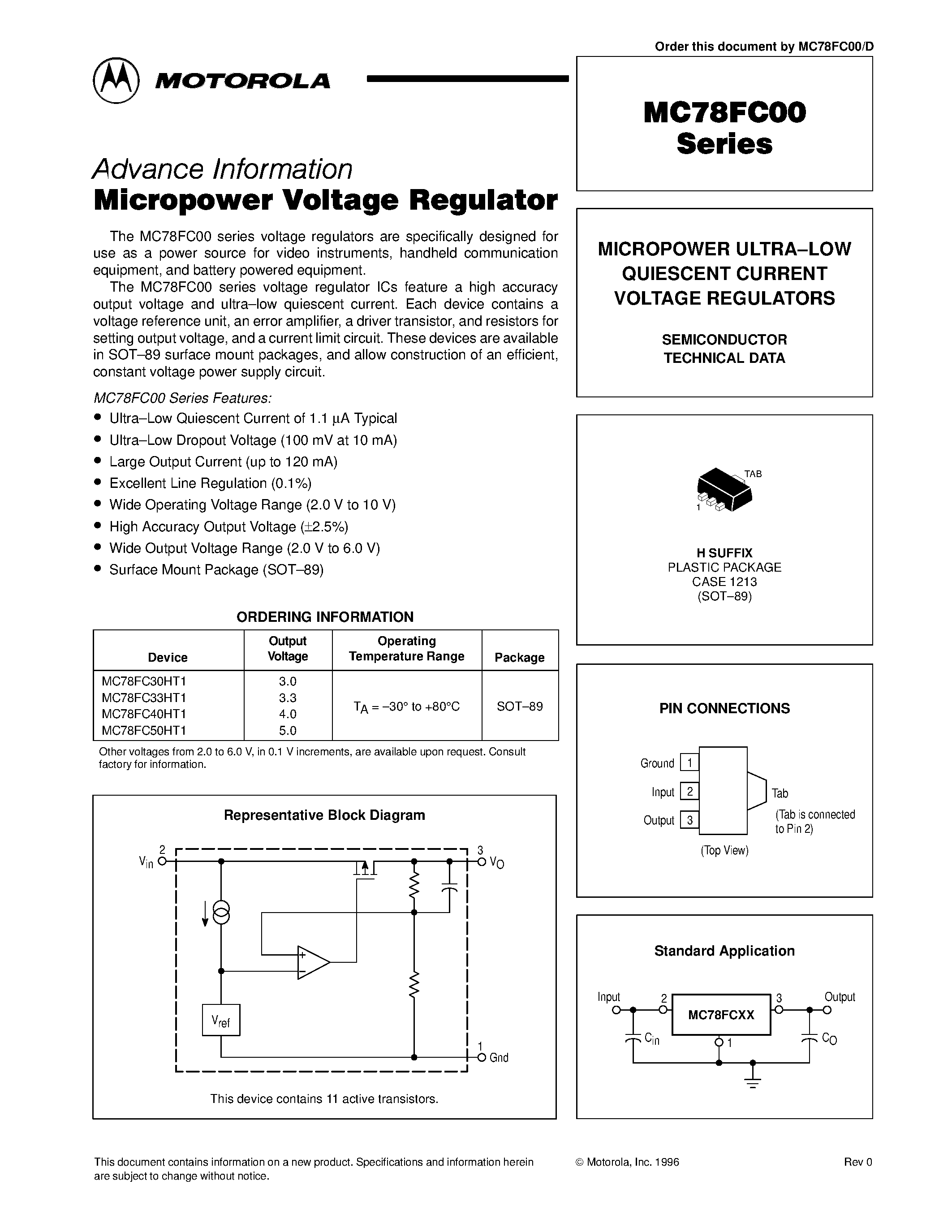 Даташит MC78FC50HT1 - MICROPOWER ULTRA.LOW QUIESCENT CURRENT VOLTAGE REGULATORS страница 1