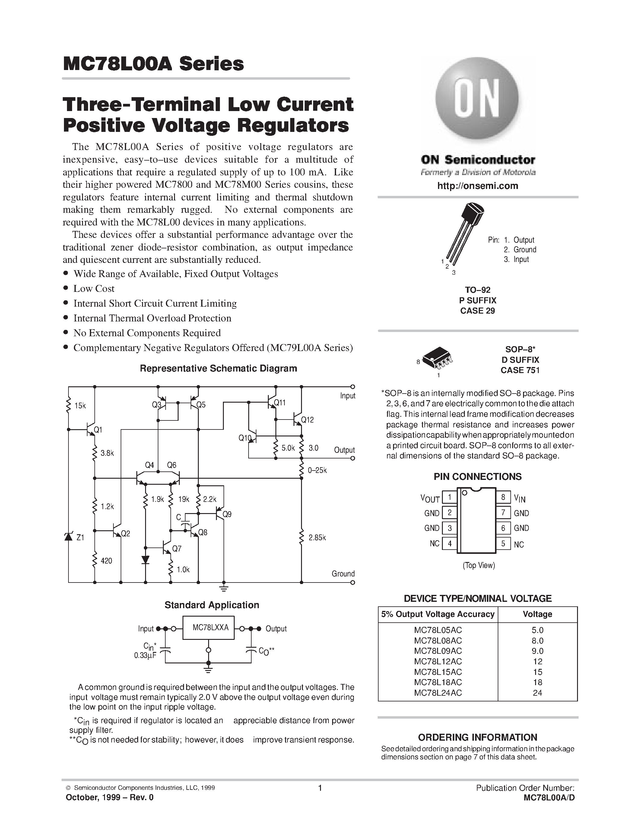 Даташит MC78L12ACPRA - Three-Terminal Low Current Positive Voltage Regulators страница 1