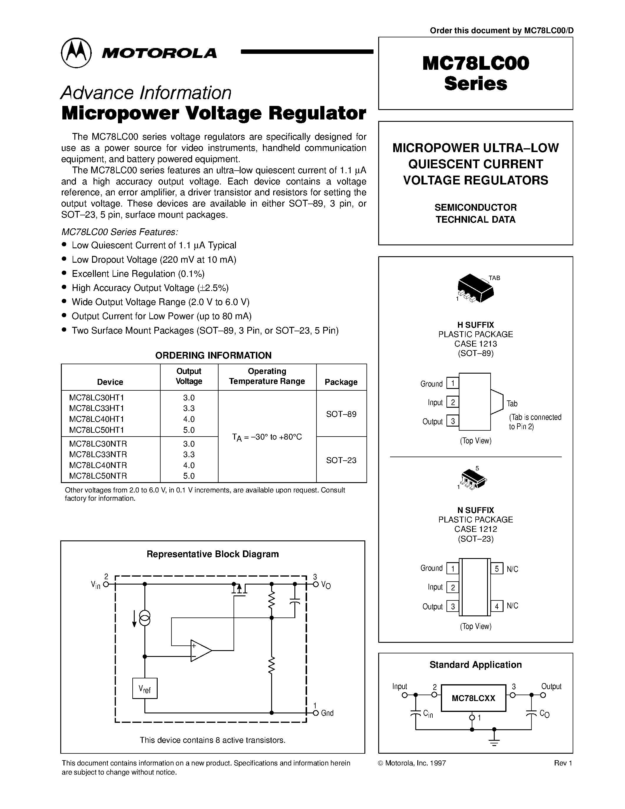 Даташит на микросхему MC78LC50HT1 страница 1 Даташит MC78LC50HT1 - MICROPOWER ULTRA-LOW QUIESCENT CURRENT VOLTAGE REGULATORS страница 1