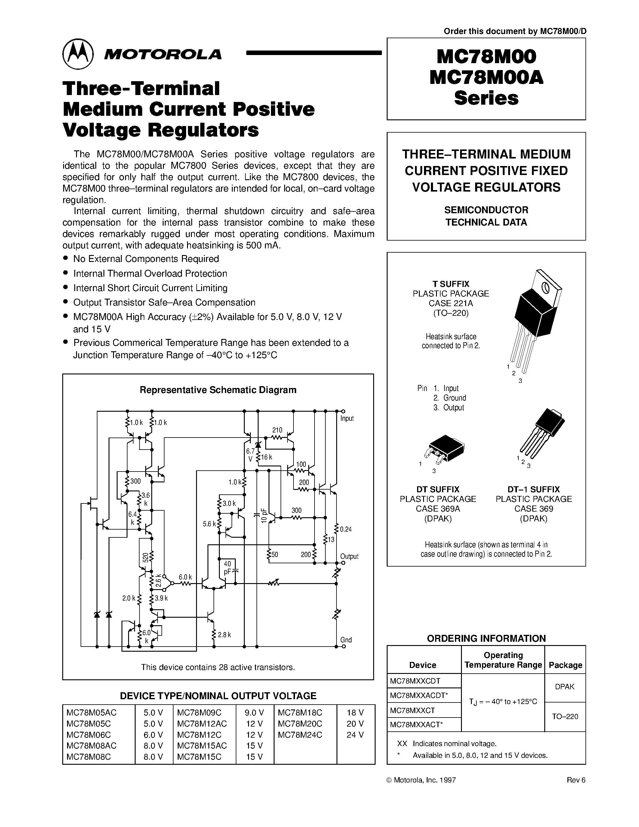Datasheet MC78M18CT page 1 Datasheet MC78M18CT - THREE-TERMINAL MEDIUM CURRENT POSITIVE FIXED VOLTAGE REGULATORS page 1