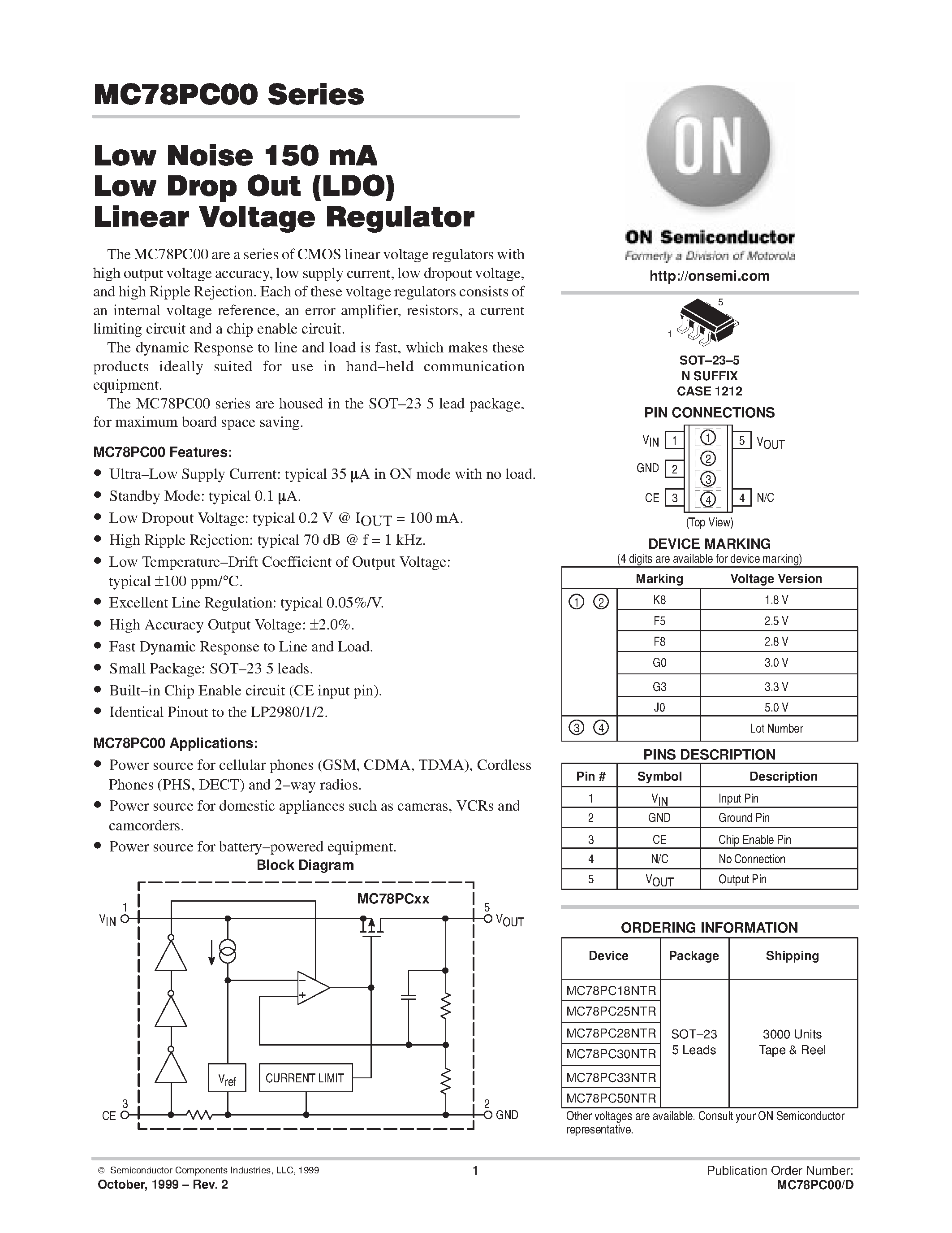 Datasheet MC78PC50NTR page 1 Datasheet MC78PC50NTR - Low Noise 150 mA Low Drop Out(LDO) Linear Voltage Regulator page 1