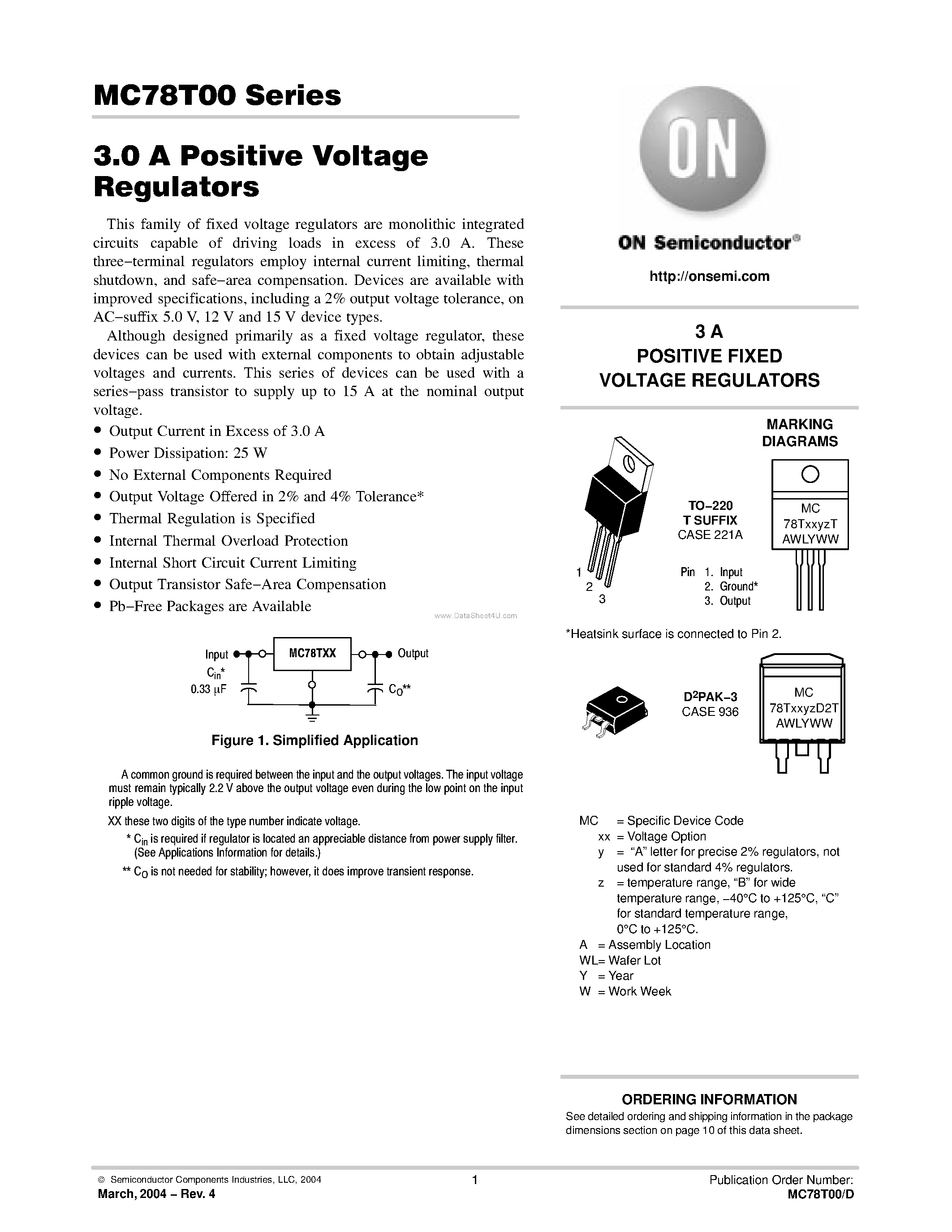 Datasheet MC78T05ABT page 1 Datasheet MC78T05ABT - THREE-AMPERE POSITIVE FIXED VOLTAGE REGULATORS page 1