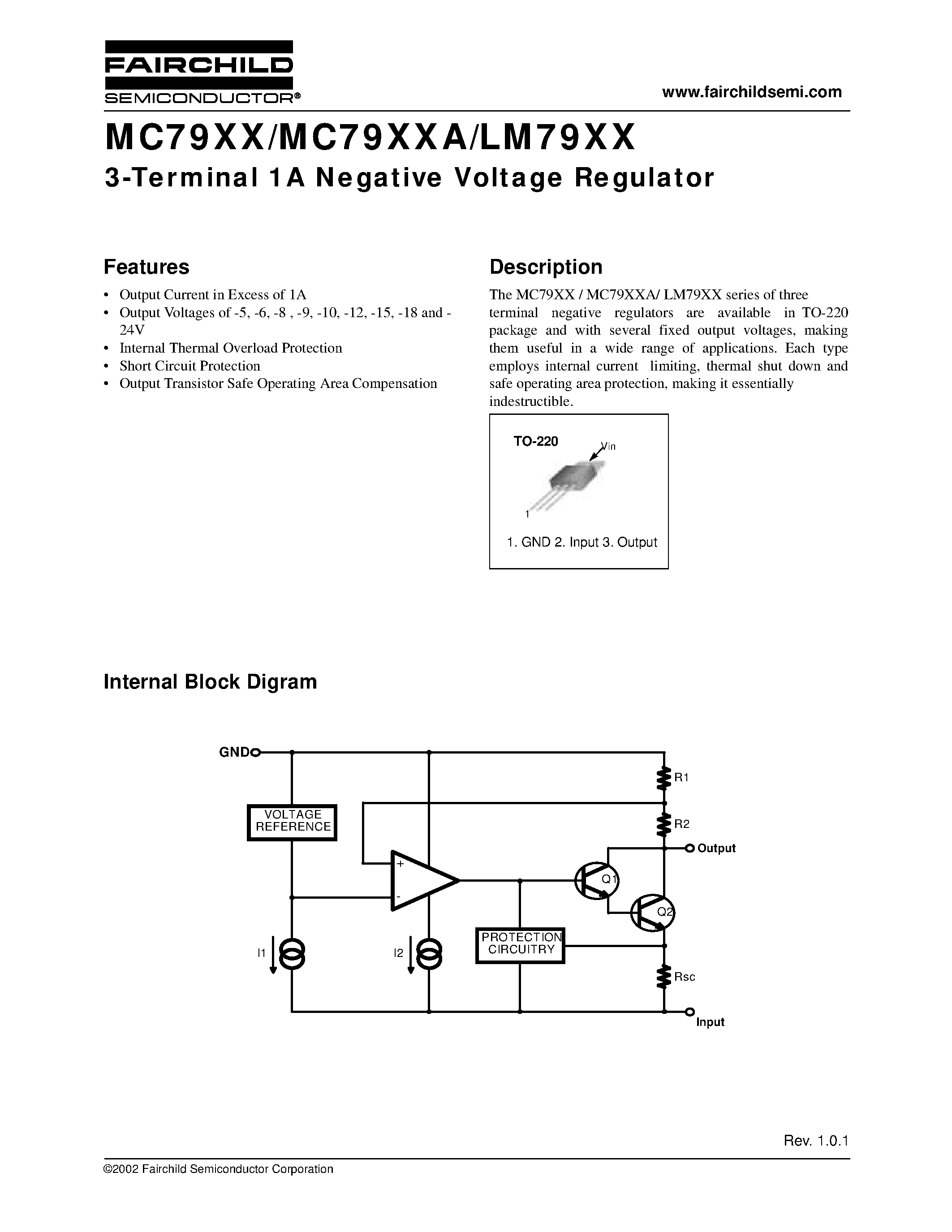Даташит MC7905ACT - 3-Terminal 1A Negative Voltage Regulator страница 1