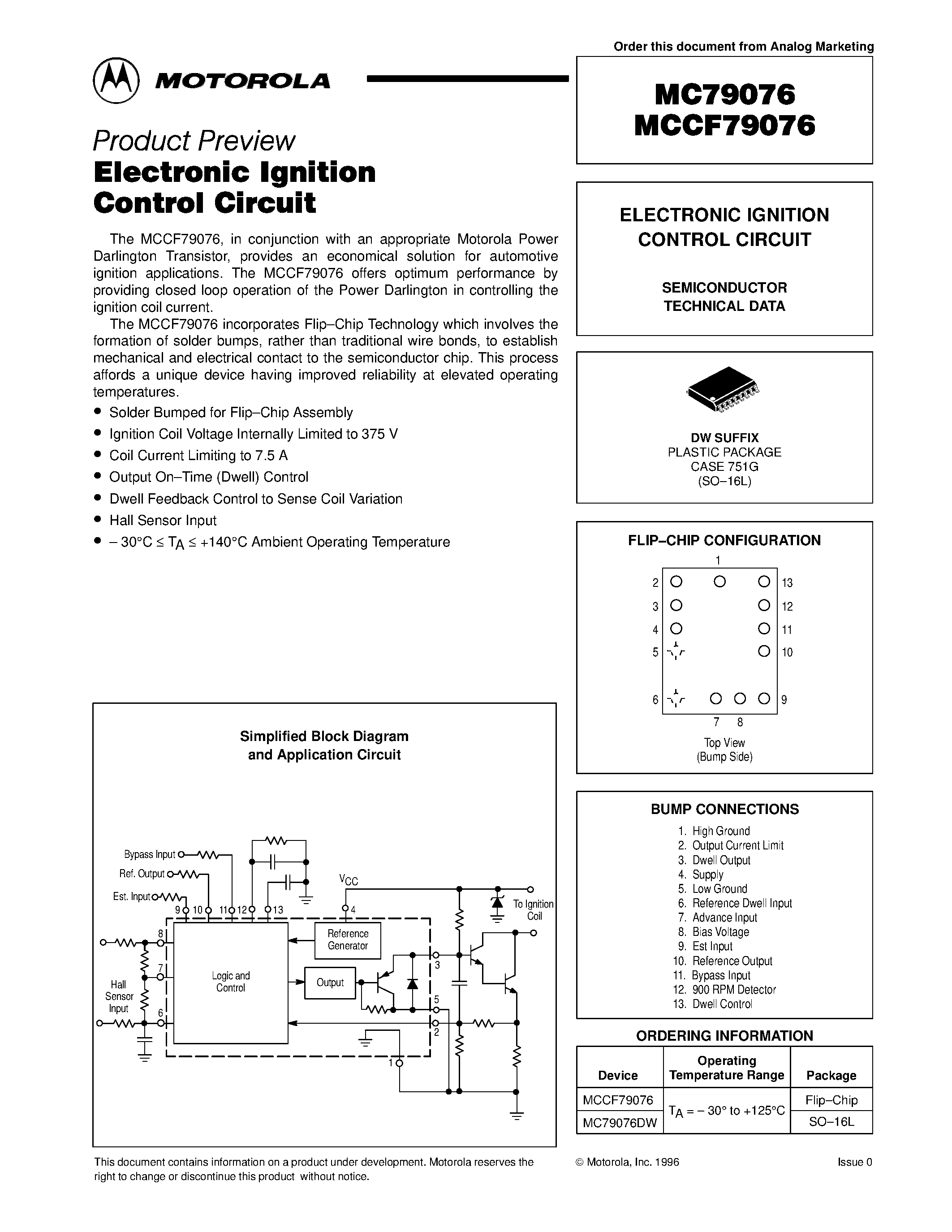 Datasheet MC79076DW page 1 Datasheet MC79076DW - ELECTRONIC IGNITION CONTROL CIRCUIT page 1