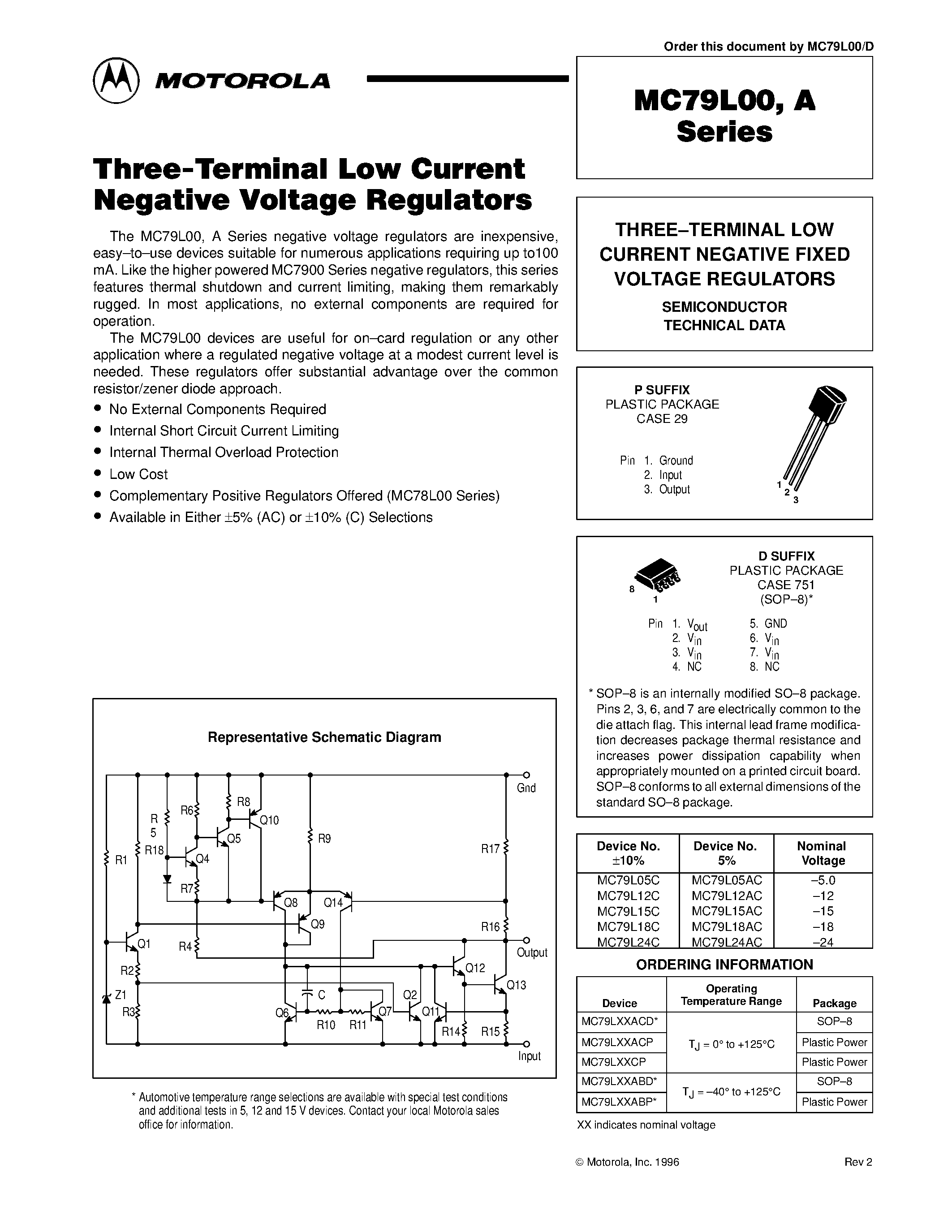 Даташит MC79L00 - THREE-TERMINAL LOW CURRENT NEGATIVE FIXED VOLTAGE REGULATORS страница 1