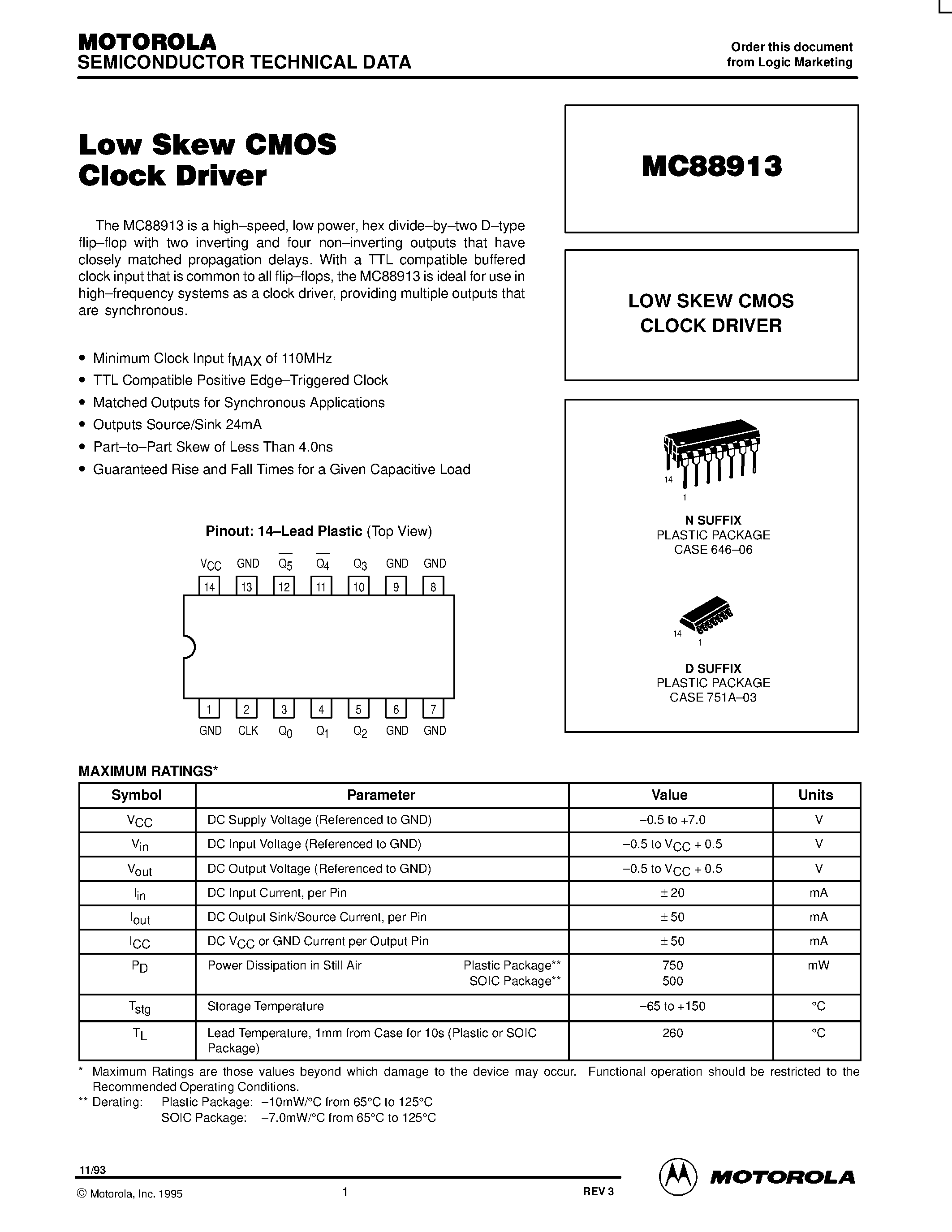 Datasheet MC88913D - LOW SKEW CMOS CLOCK DRIVER page 1