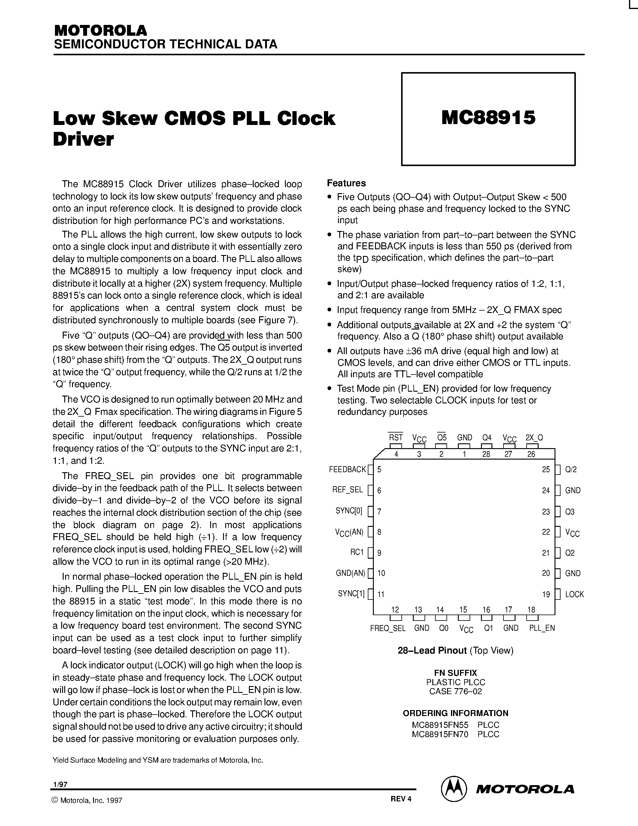 Datasheet MC88915FN70PLCC - Low Skew CMOS PLL Clock Driver page 1