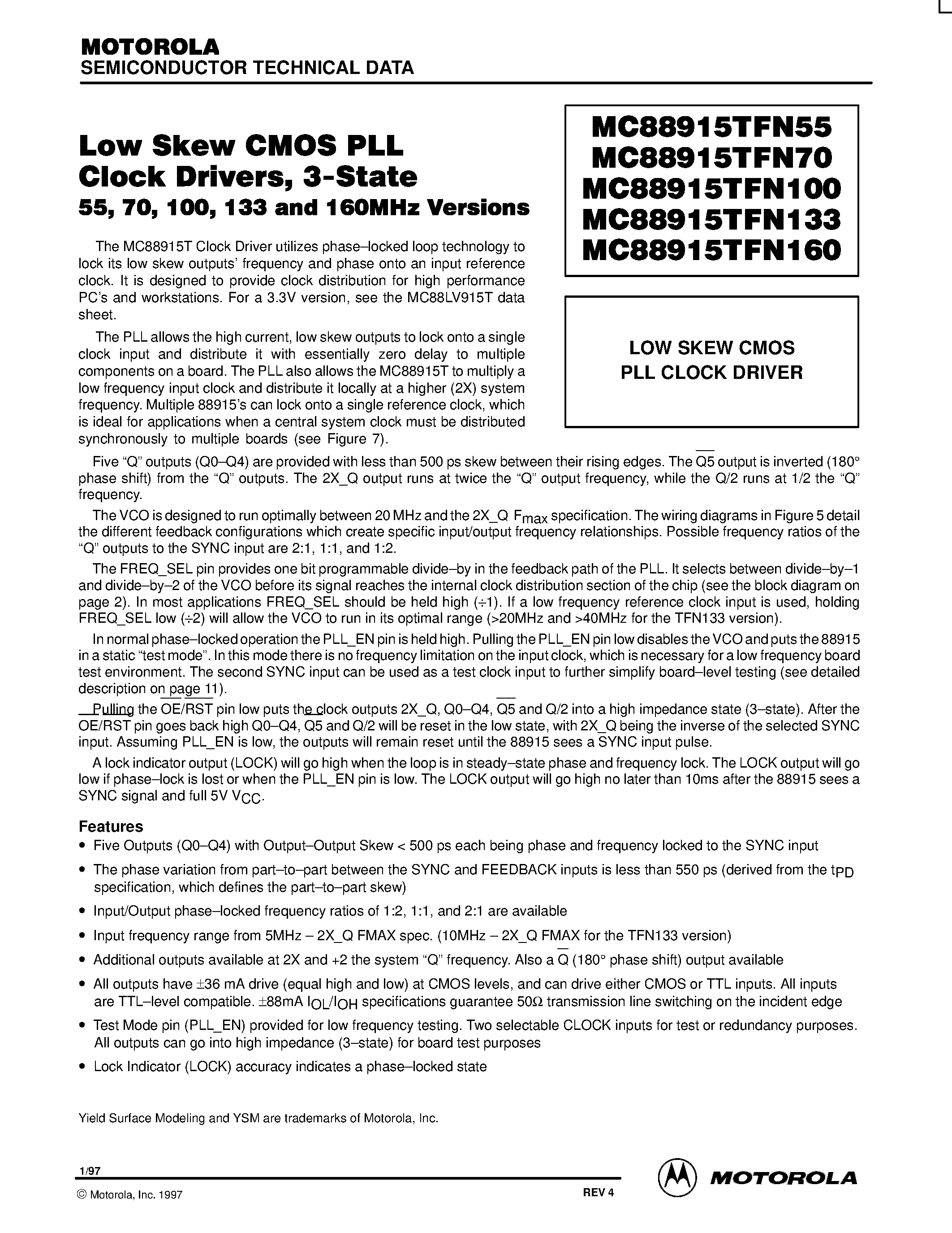 Datasheet MC88915T - LOW SKEW CMOS PLL CLOCK DRIVER page 1