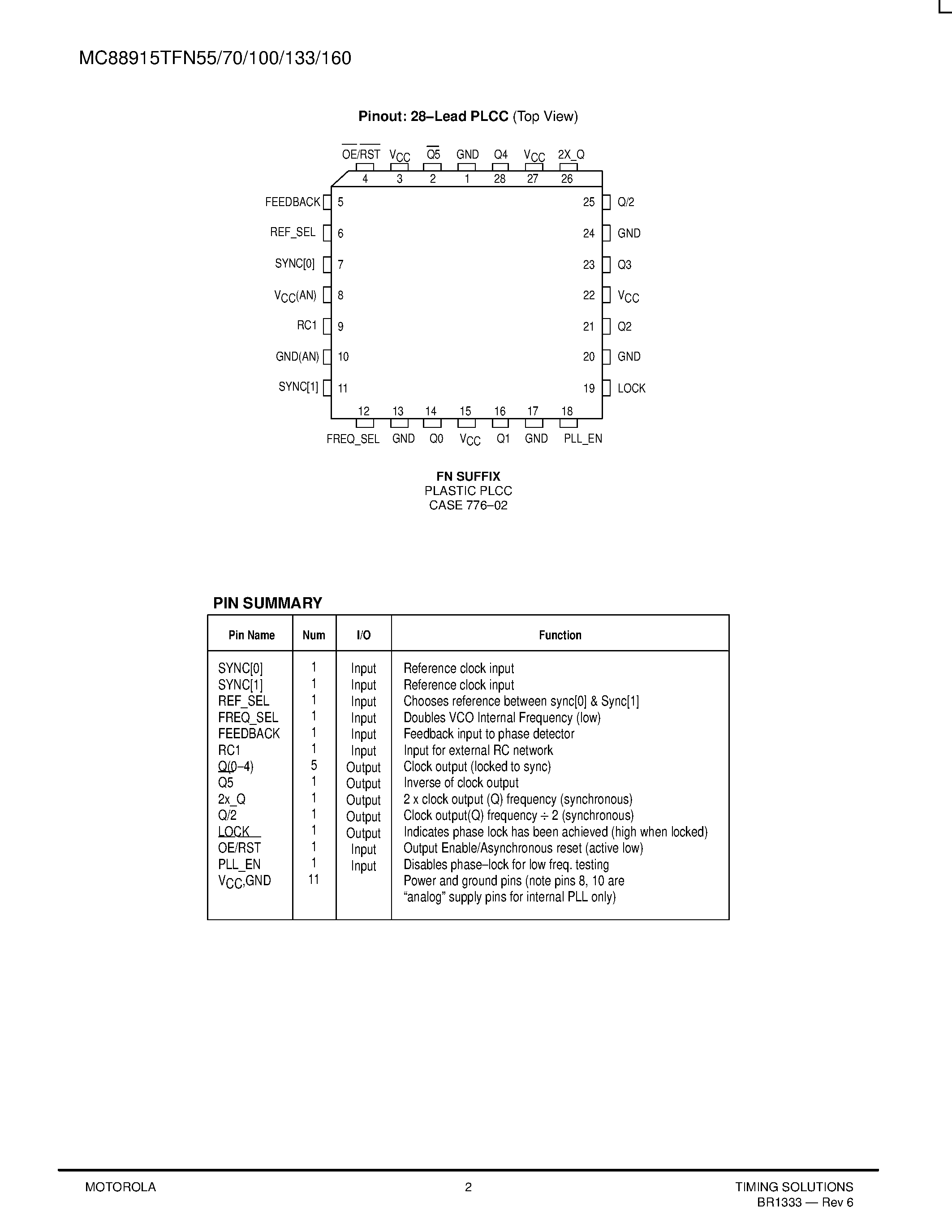 Datasheet MC88915TFN100 - LOW SKEW CMOS PLL CLOCK DRIVER page 2