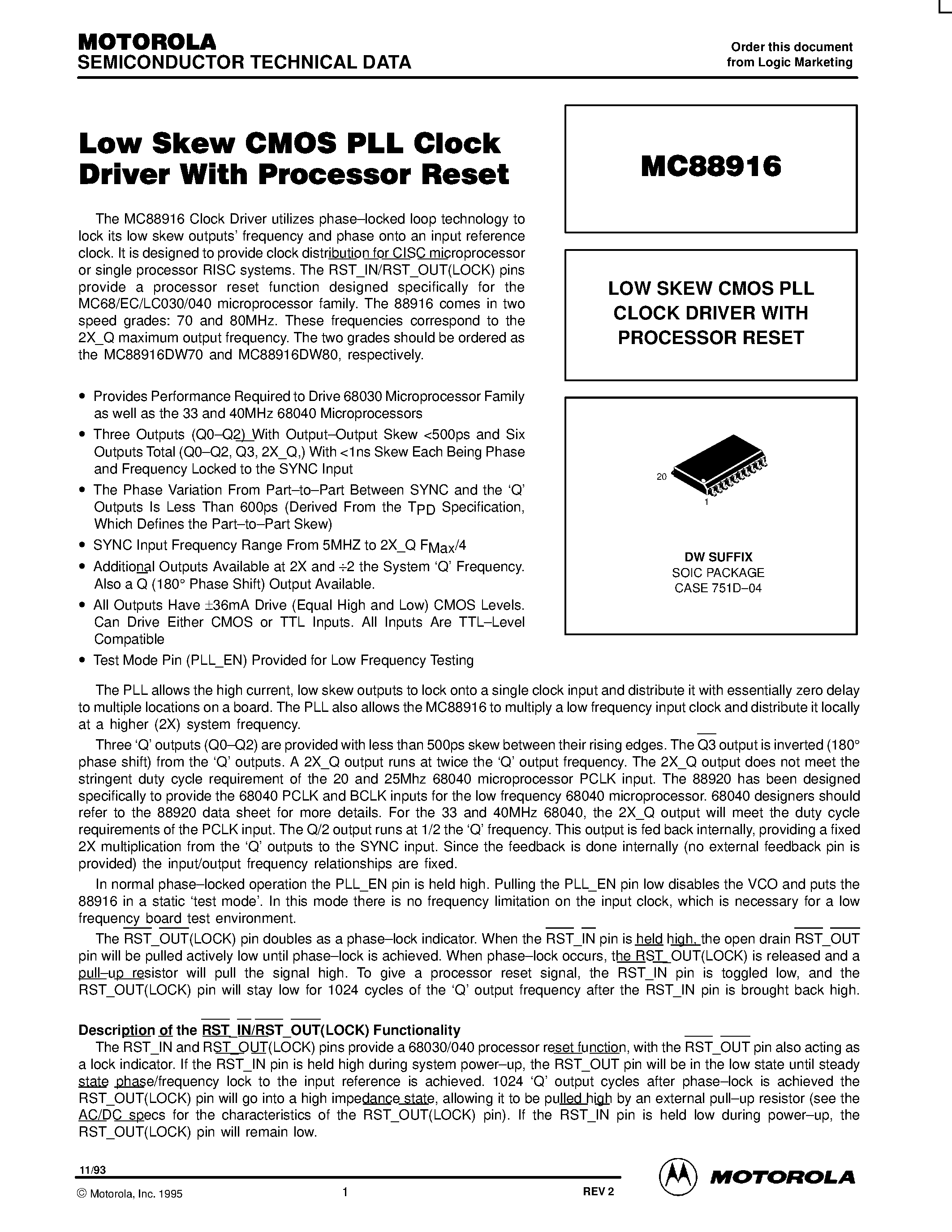 Datasheet MC88916 - LOW SKEW CMOS PLL CLOCK DRIVER WITH PROCESSOR RESET page 1