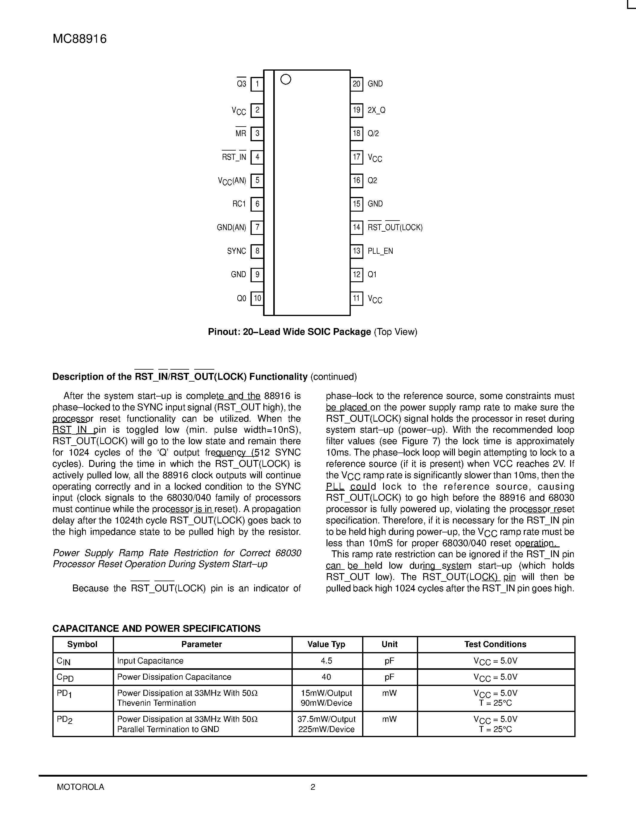 Datasheet MC88916 page 2 Datasheet MC88916 - LOW SKEW CMOS PLL CLOCK DRIVER WITH PROCESSOR RESET page 2