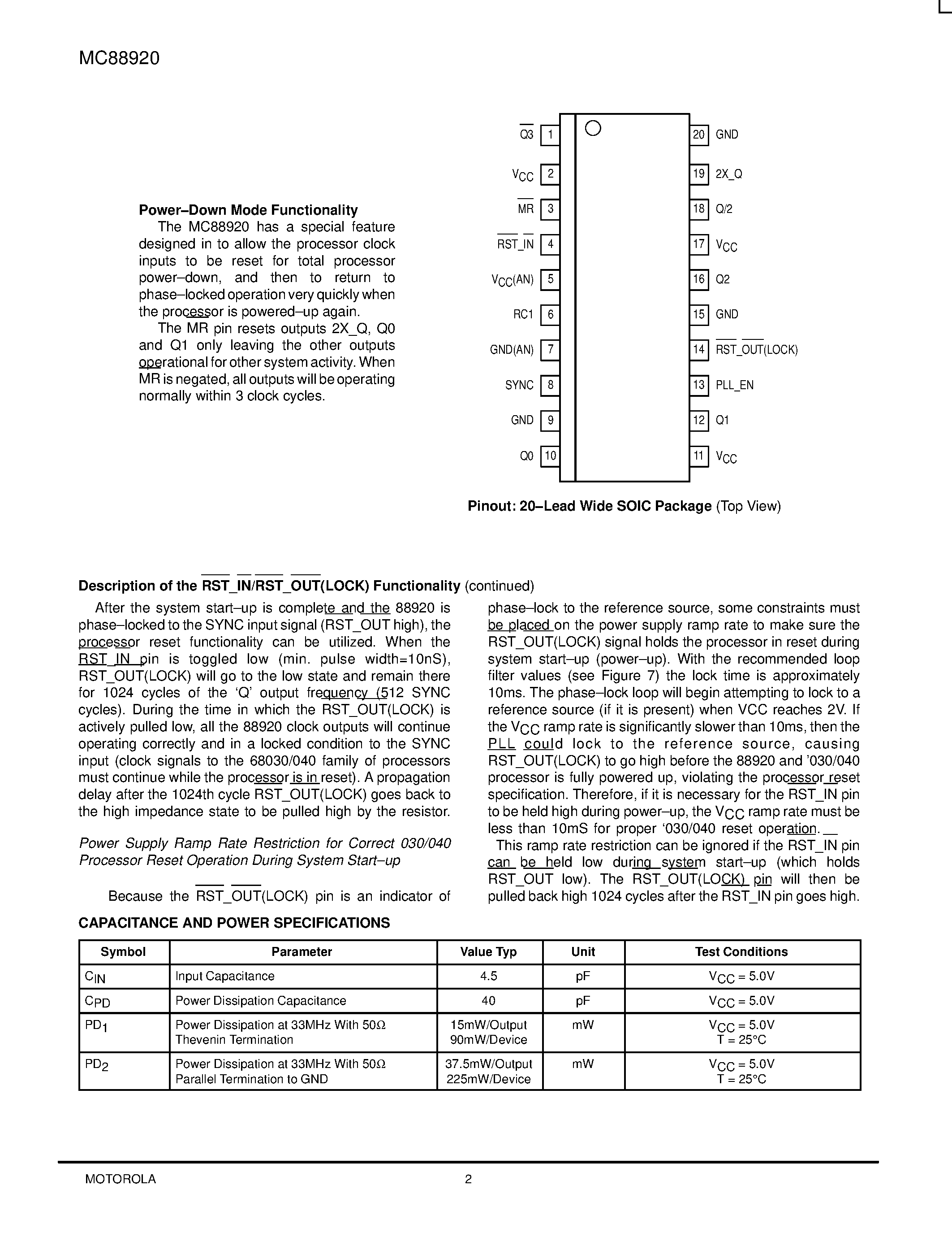 Datasheet MC88920 - LOW SKEW CMOS PLL CLOCK DRIVER With Power-Down/ Power-Up Feature page 2