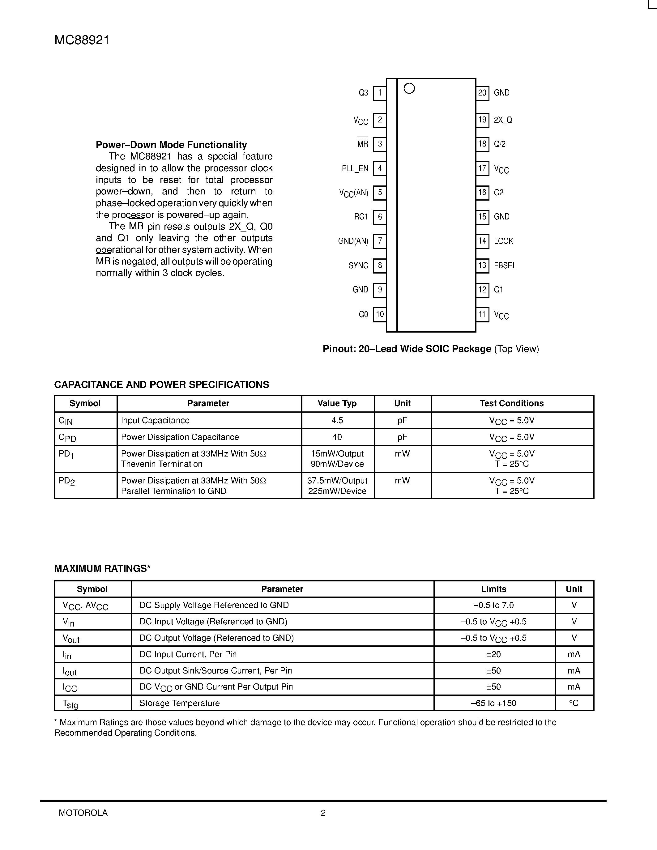 Даташит MC88921DW - LOW SKEW CMOS PLL CLOCK DRIVER With Power-Down/ Power-Up Feature страница 2