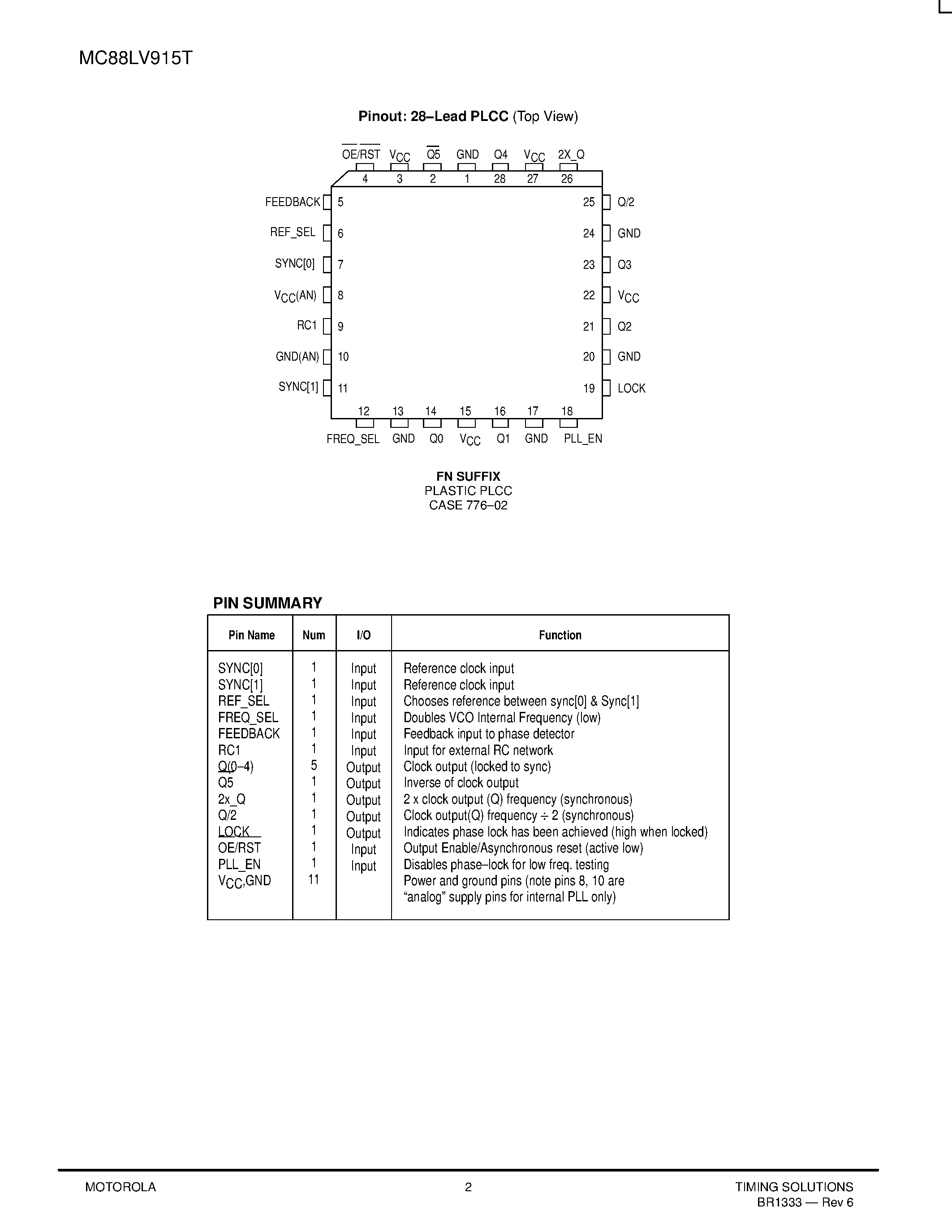 Datasheet MC88LV915 - LOW SKEW CMOS PLL CLOCK DRIVER page 2