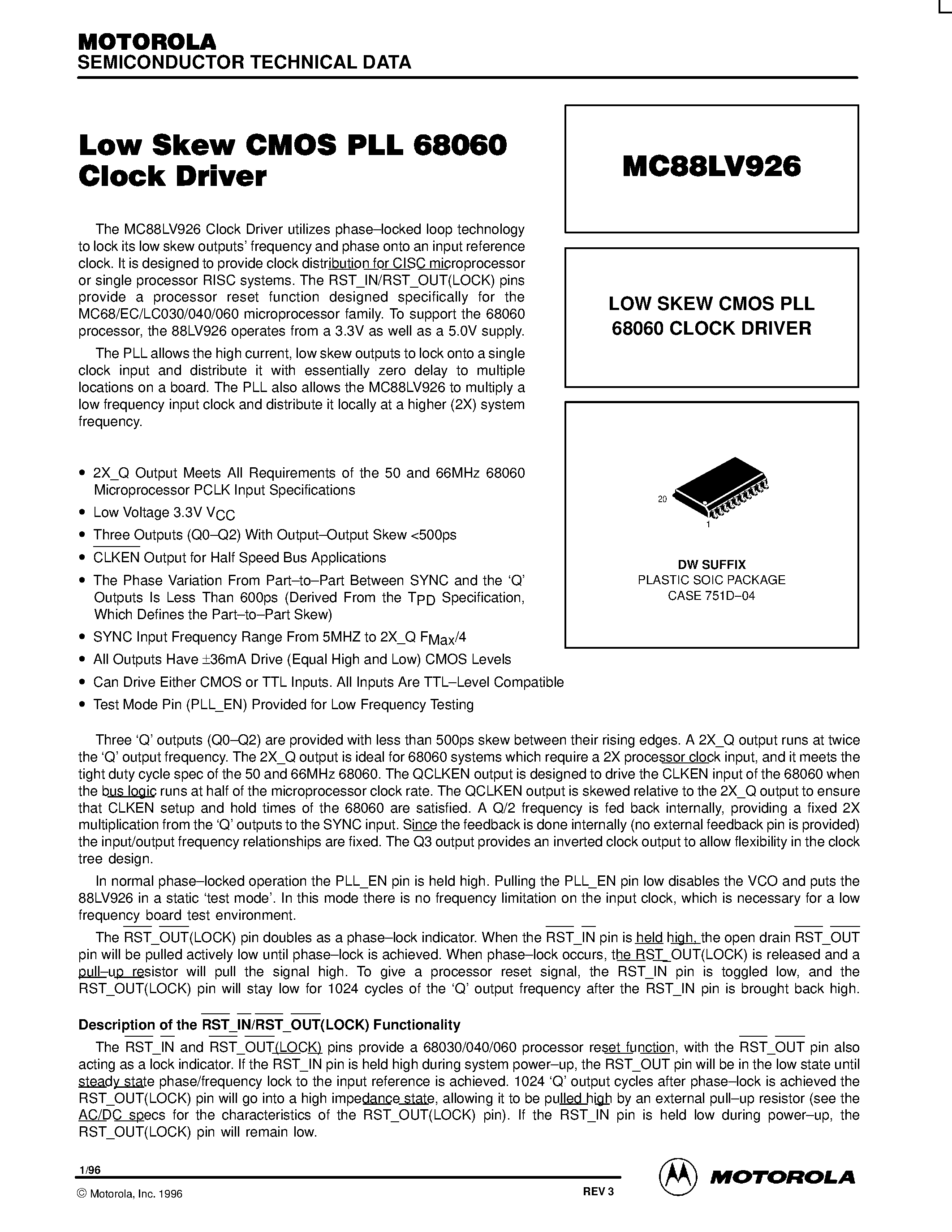 Даташит MC88LV926 - LOW SKEW CMOS PLL 68060 CLOCK DRIVER страница 1