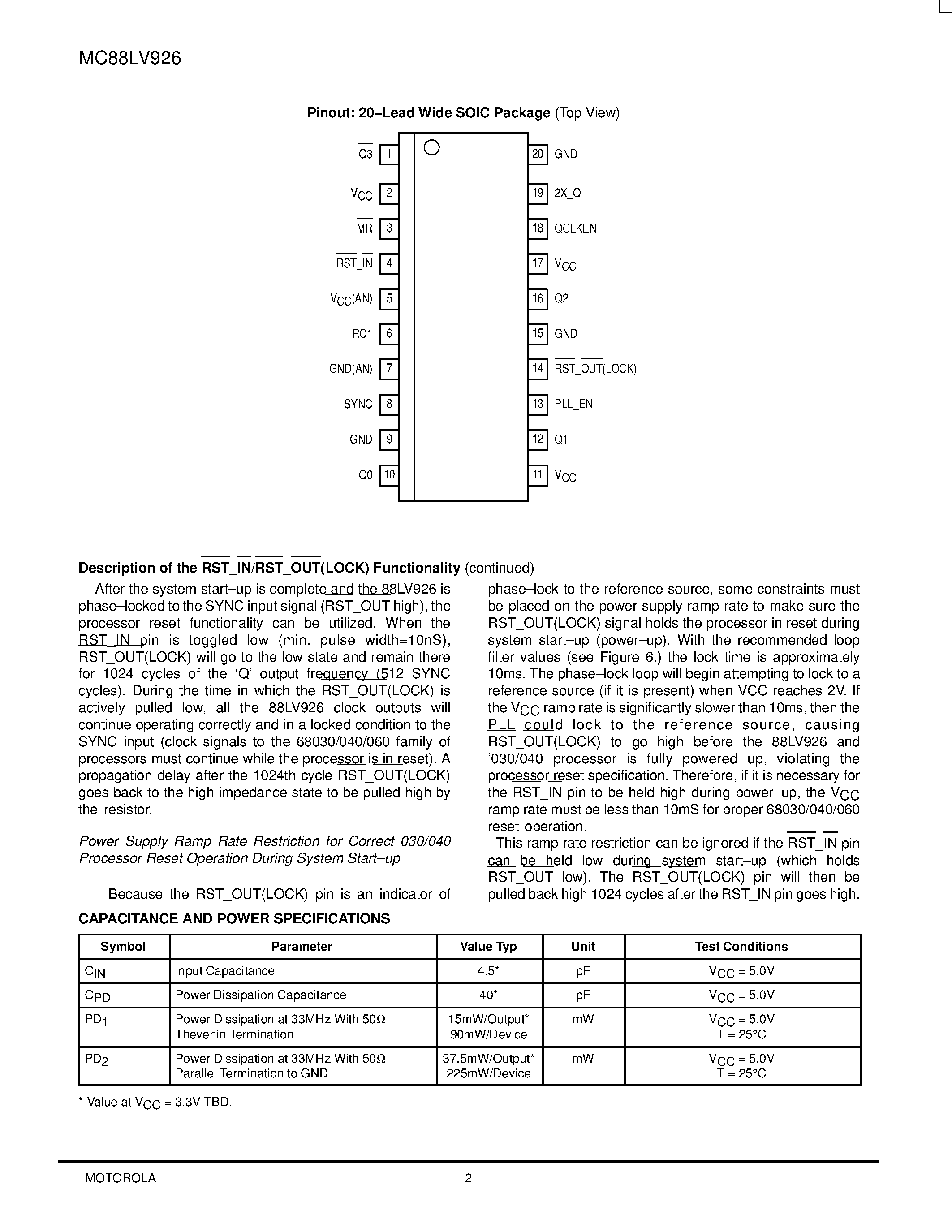 Datasheet MC88LV926DW - LOW SKEW CMOS PLL 68060 CLOCK DRIVER page 2