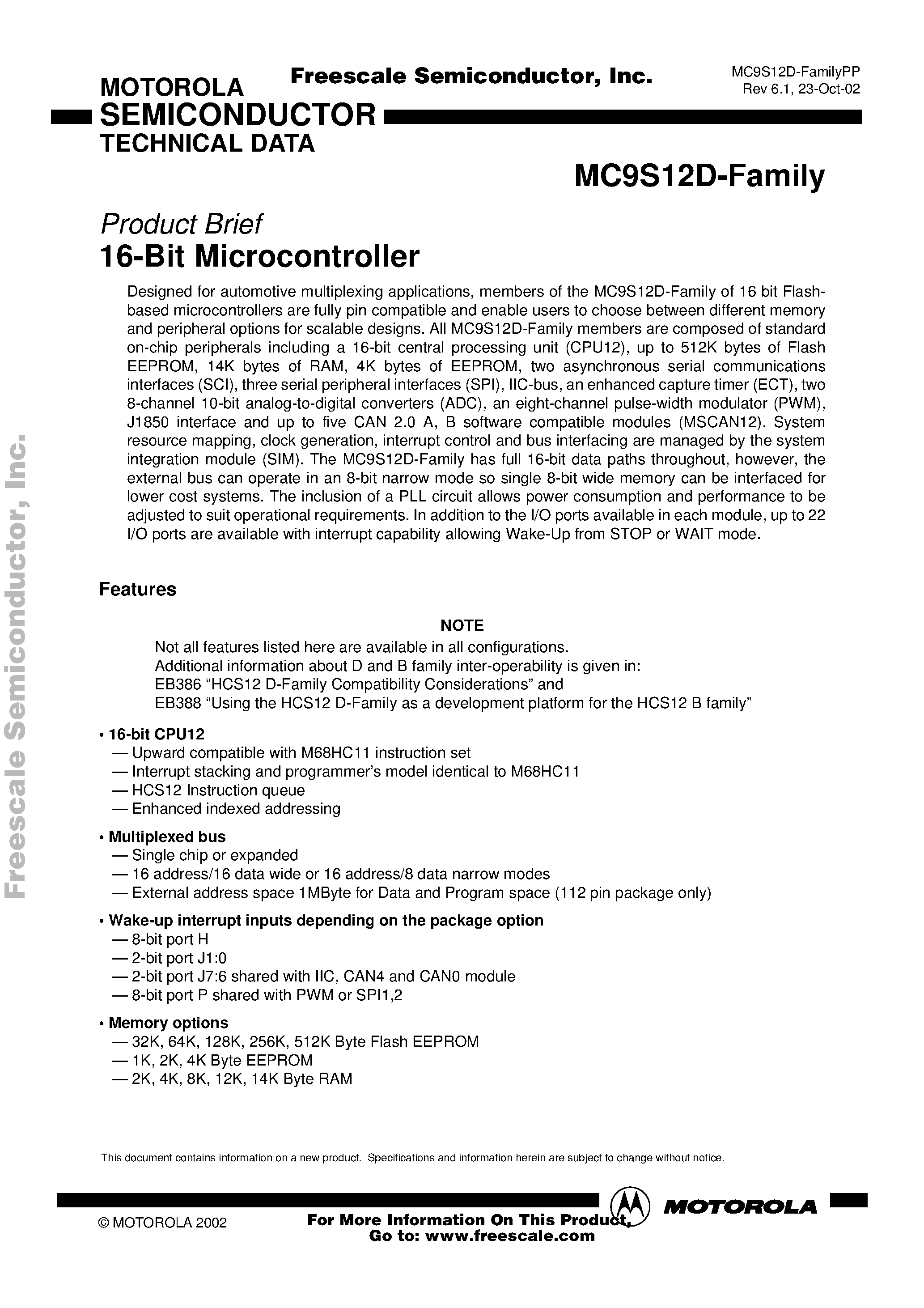 Даташит на микросхему MC9S12D страница 1 Даташит MC9S12D - 16-Bit Microcontroller страница 1