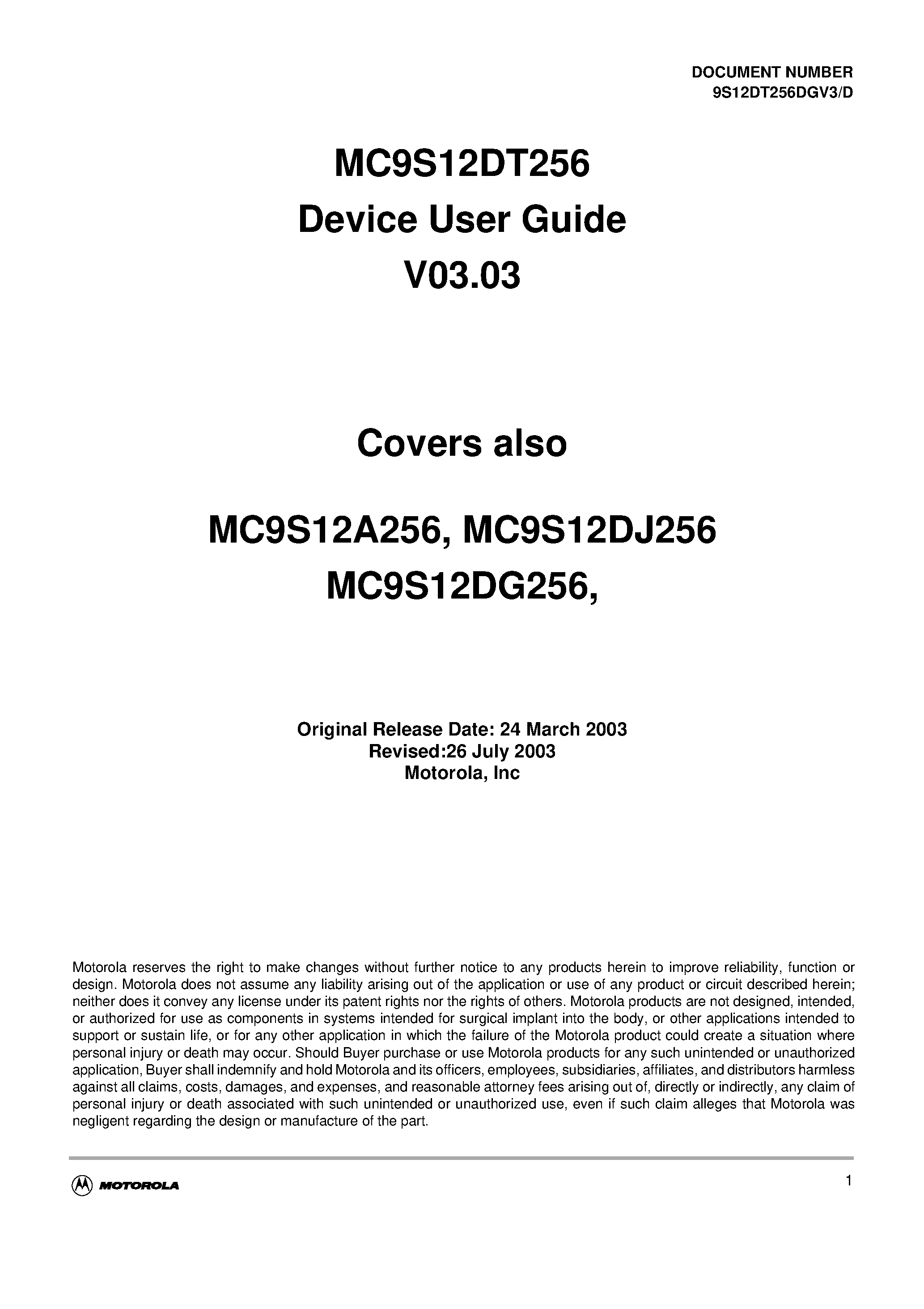 Даташит на микросхему MC9S12DG256 страница 1 Даташит MC9S12DG256 - MC9S12DT256 Device User Guide V03.03 страница 1
