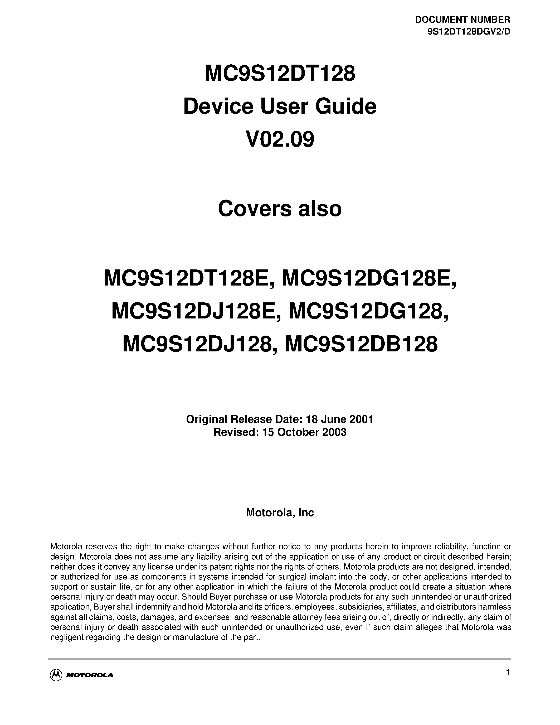 Datasheet MC9S12DJ128CPV - MC9S12DT128 Device User Guide V02.09 page 1