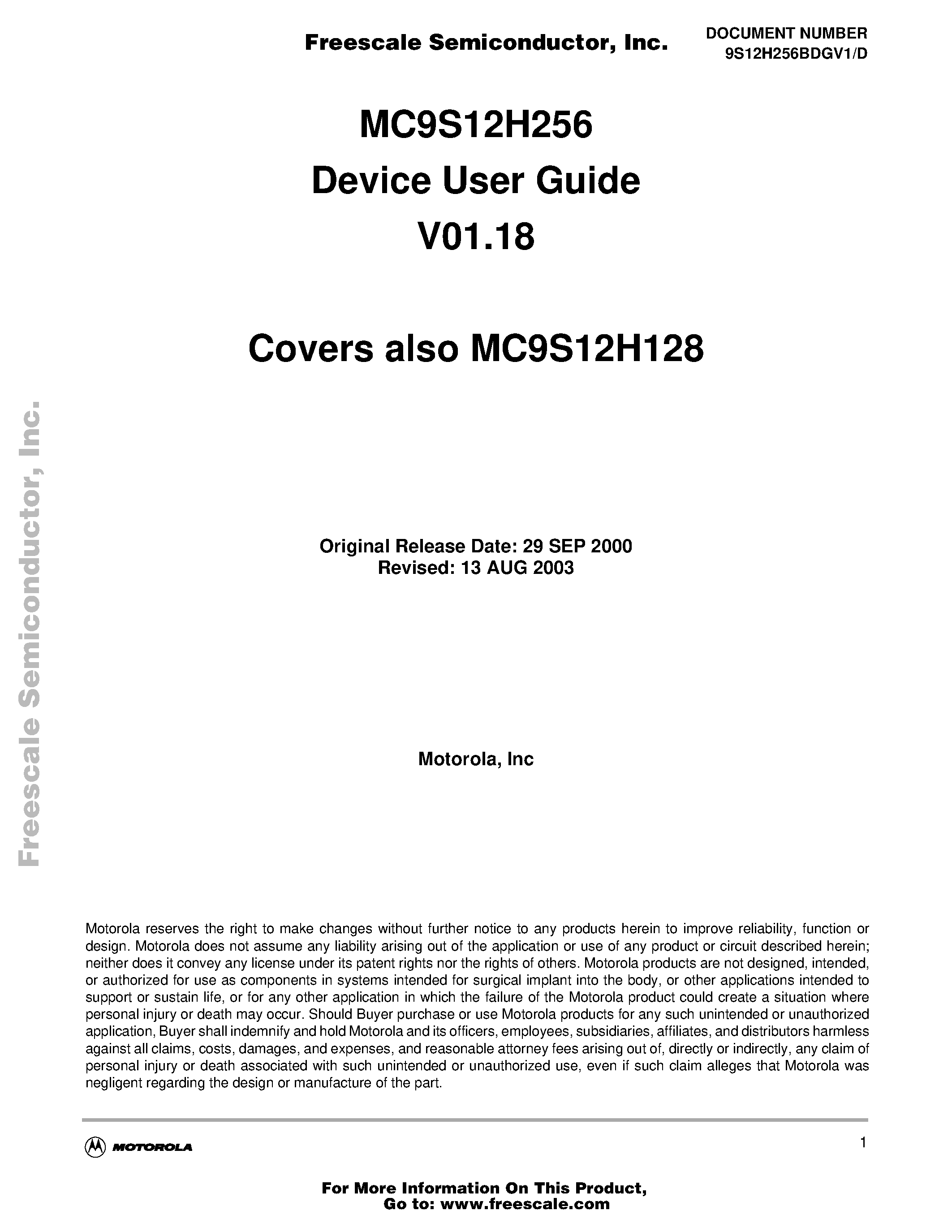 Даташит на микросхему MC9S12H128 страница 1 Даташит MC9S12H128 - Device User Guide страница 1