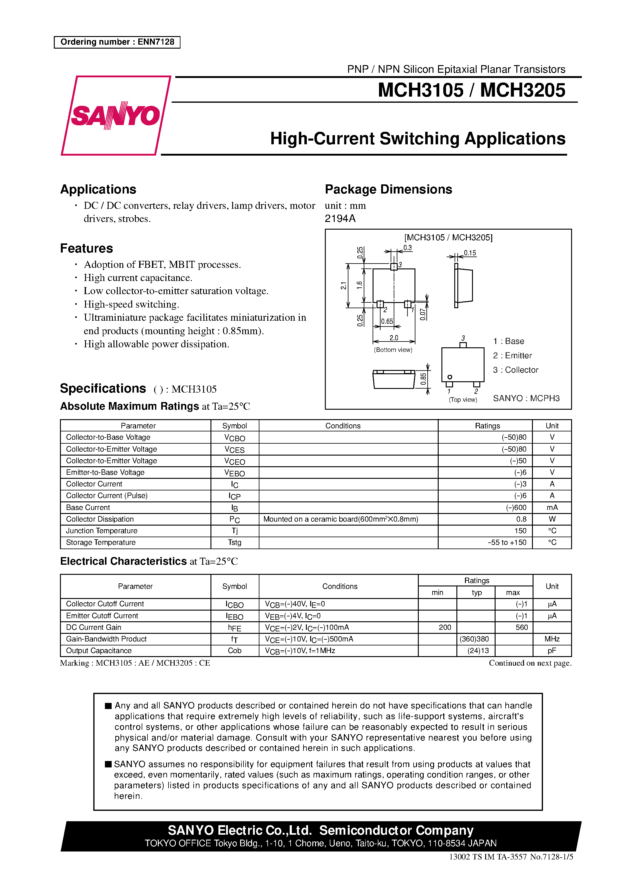 Datasheet MCH3105 page 1 Datasheet MCH3105 - High-Current Switching Applications page 1