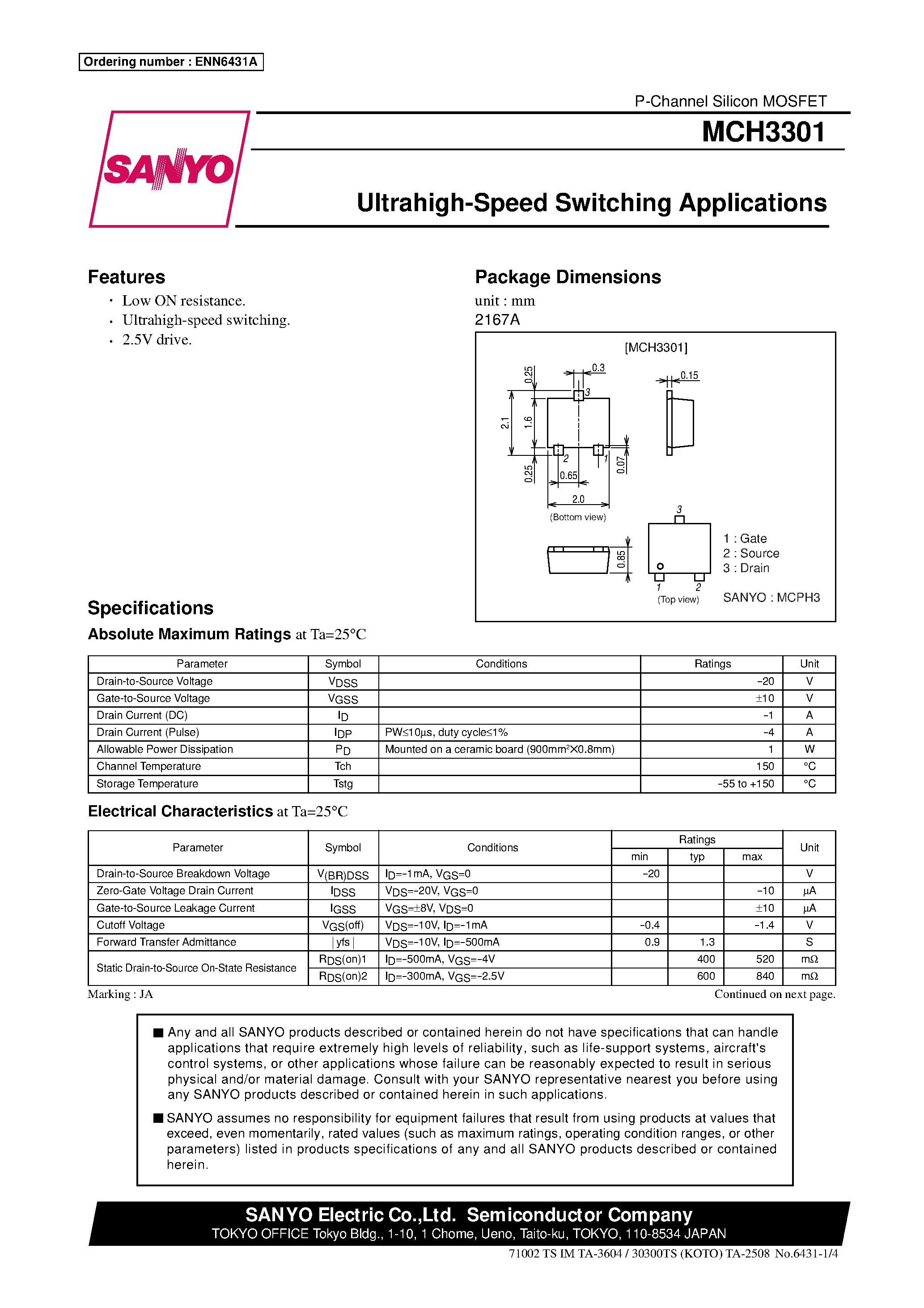 Datasheet MCH3301 page 1 Datasheet MCH3301 - Ultrahigh-Speed Switching Applications page 1