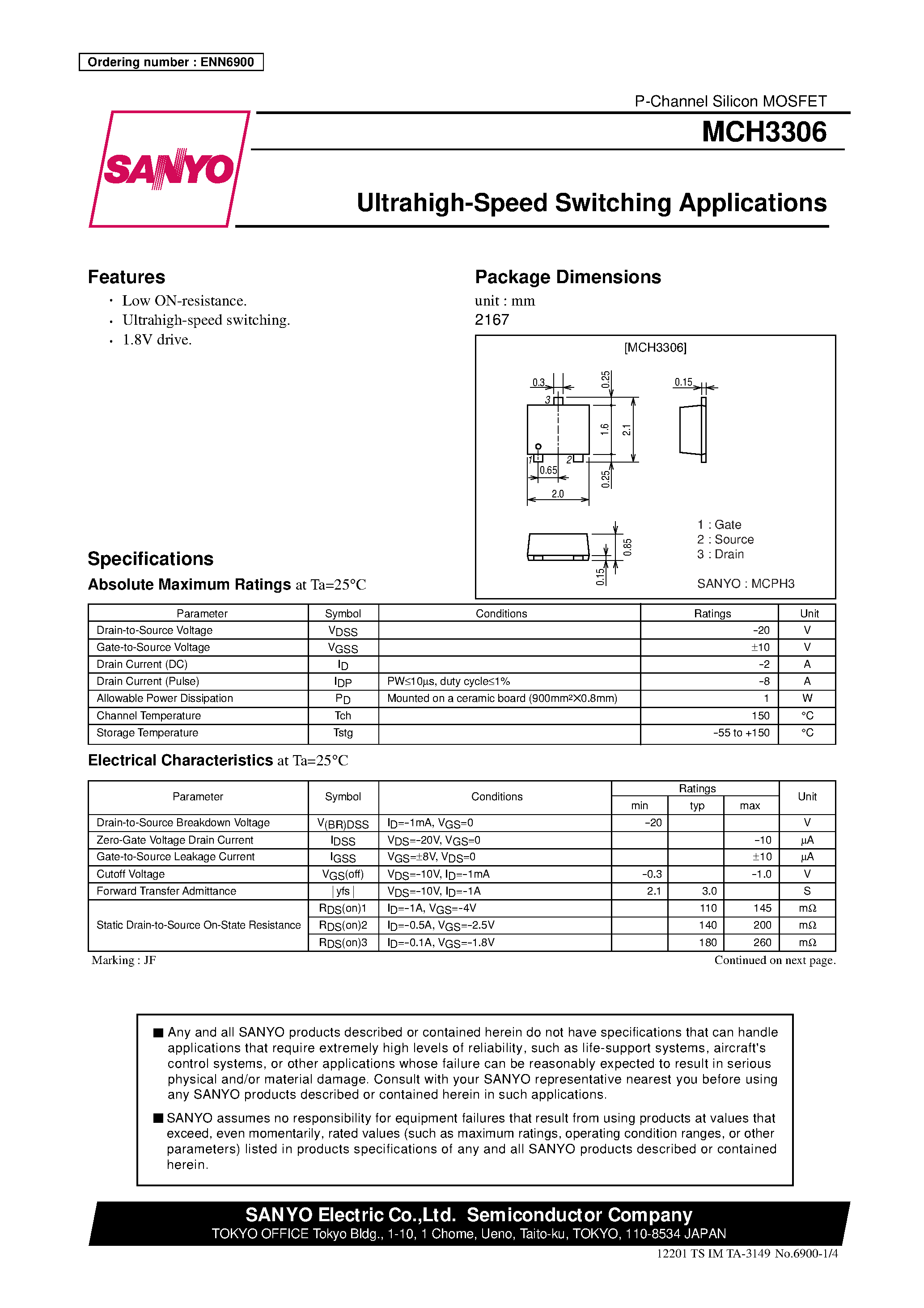 Datasheet MCH3306 page 1 Datasheet MCH3306 - Ultrahigh-Speed Switching Applications page 1