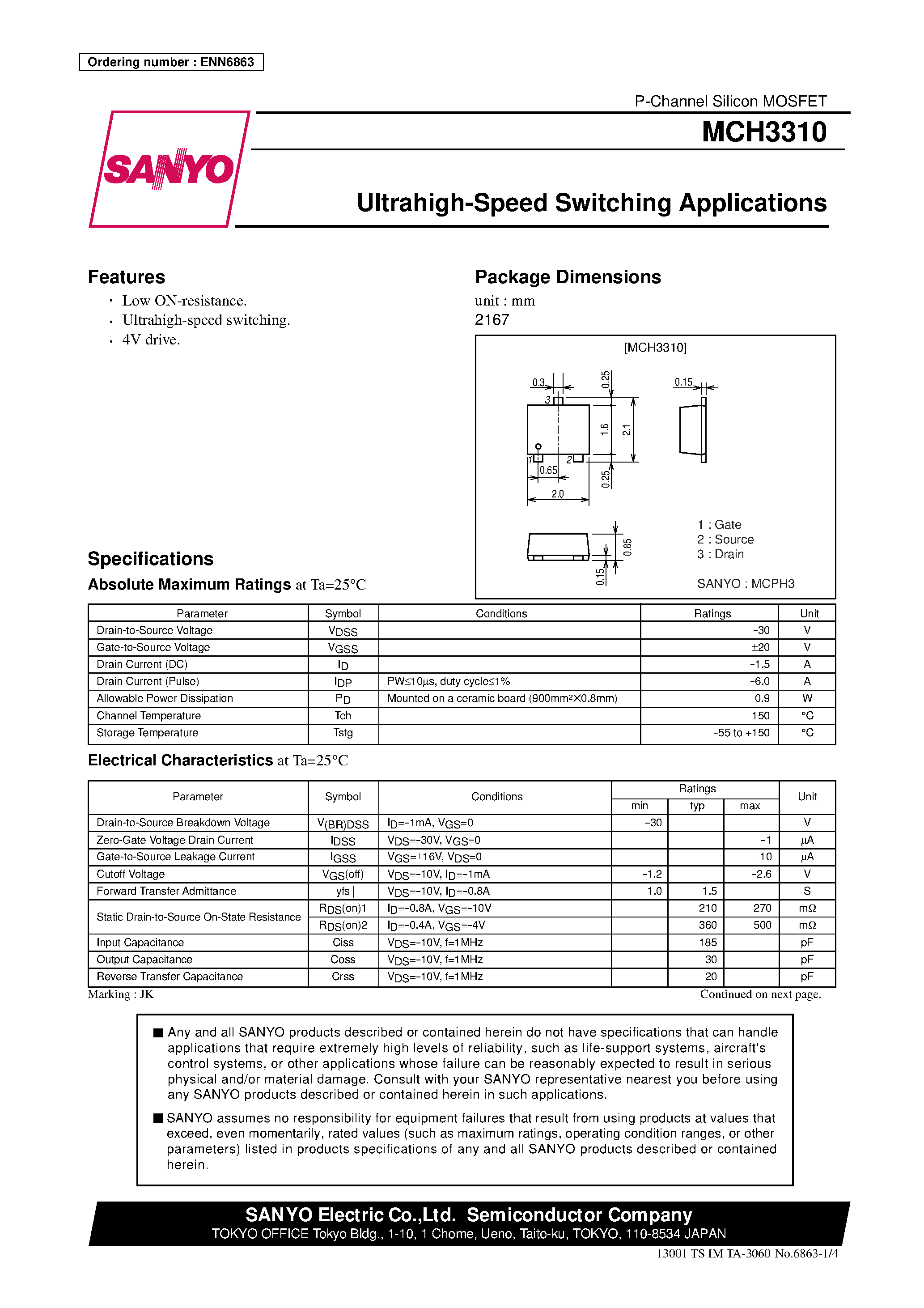 Datasheet MCH3310 page 1 Datasheet MCH3310 - Ultrahigh-Speed Switching Applications page 1