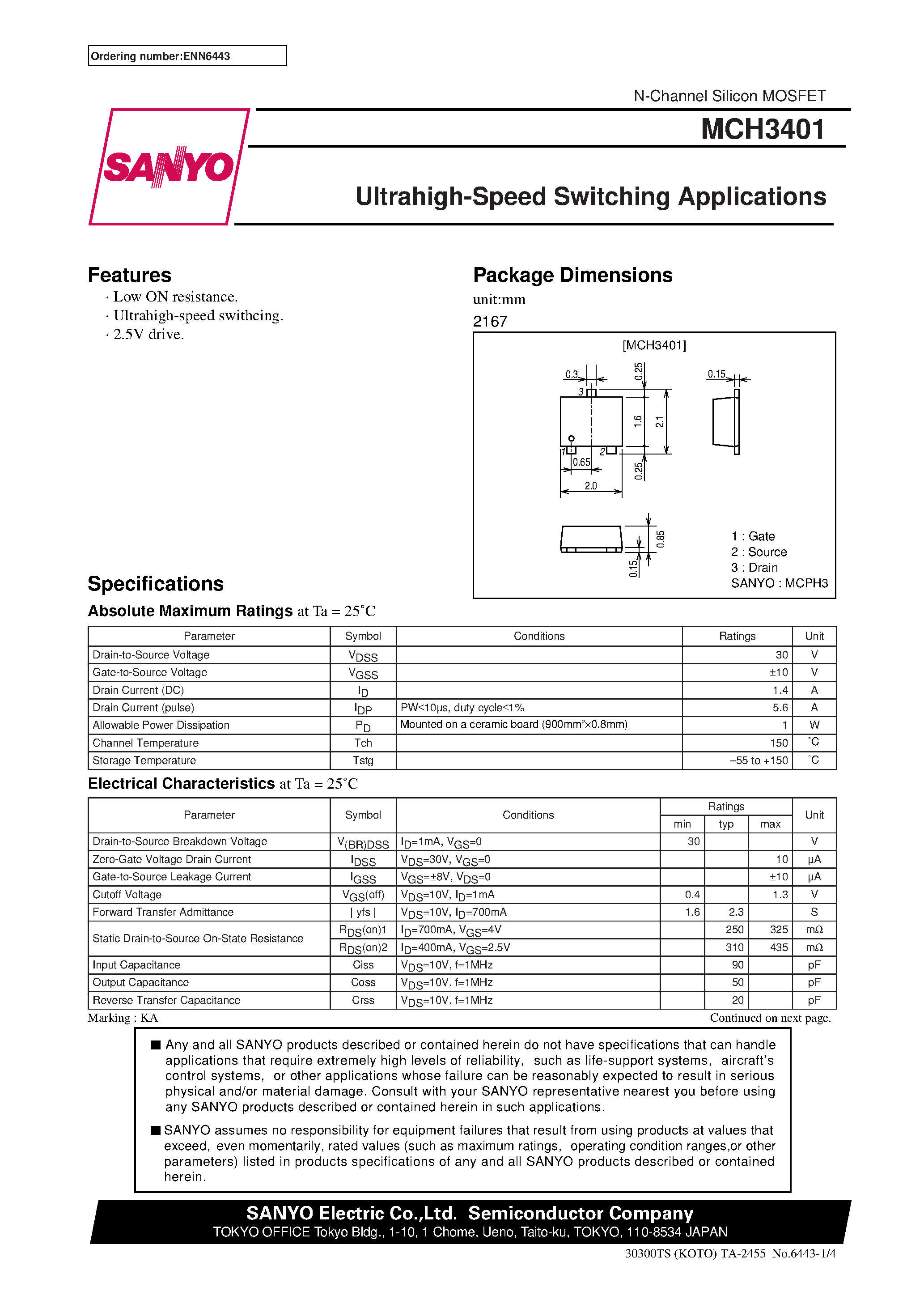 Datasheet MCH3401 page 1 Datasheet MCH3401 - Ultrahigh-Speed Switching Applications page 1