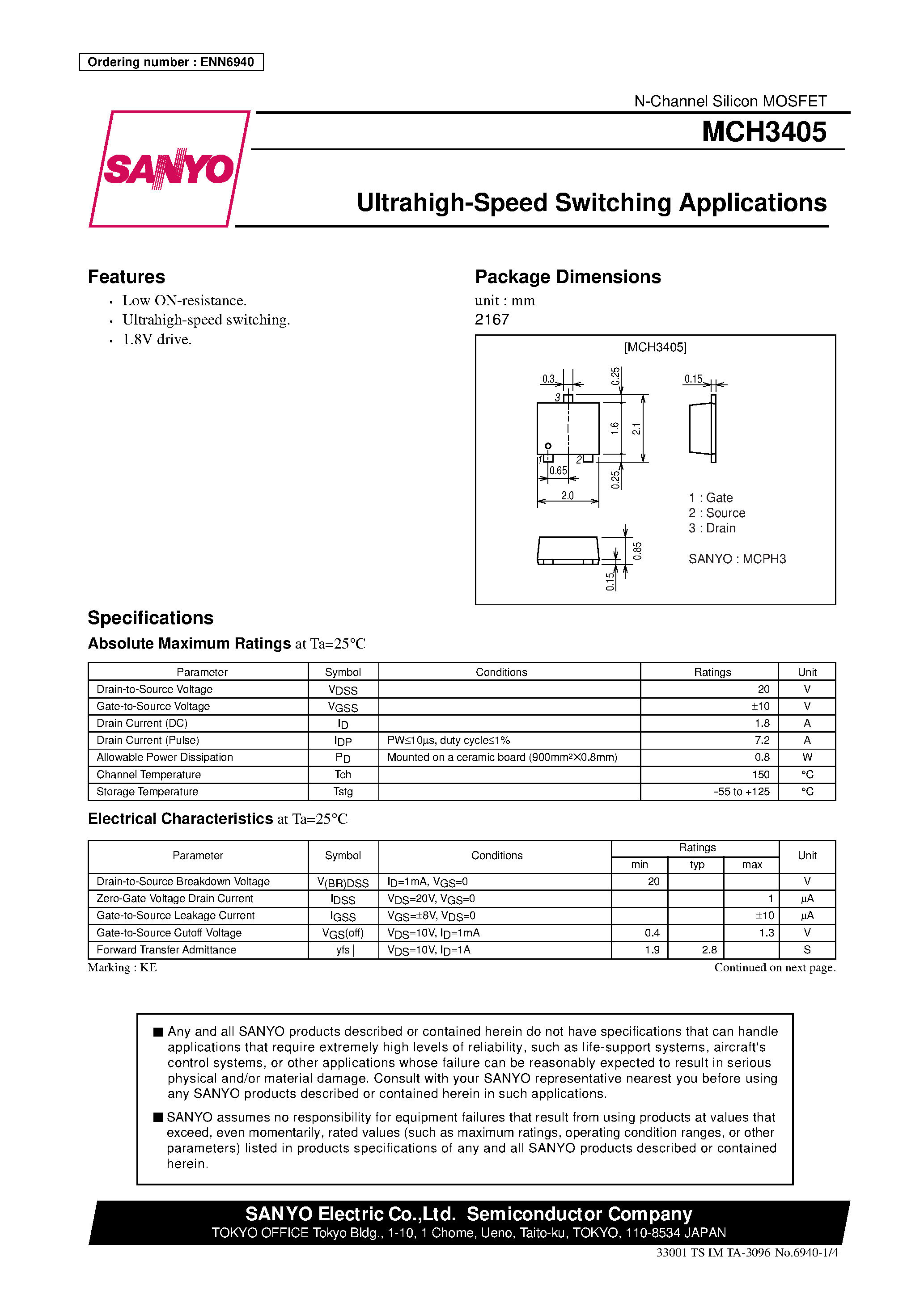 Datasheet MCH3405 page 1 Datasheet MCH3405 - Ultrahigh-Speed Switching Applications page 1