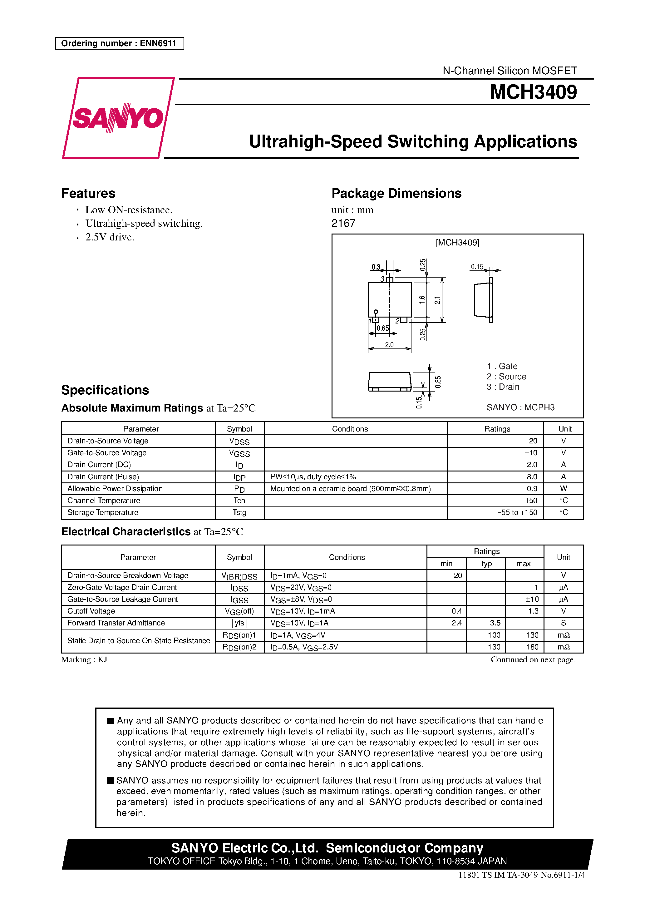 Datasheet MCH3409 page 1 Datasheet MCH3409 - Ultrahigh-Speed Switching Applications page 1