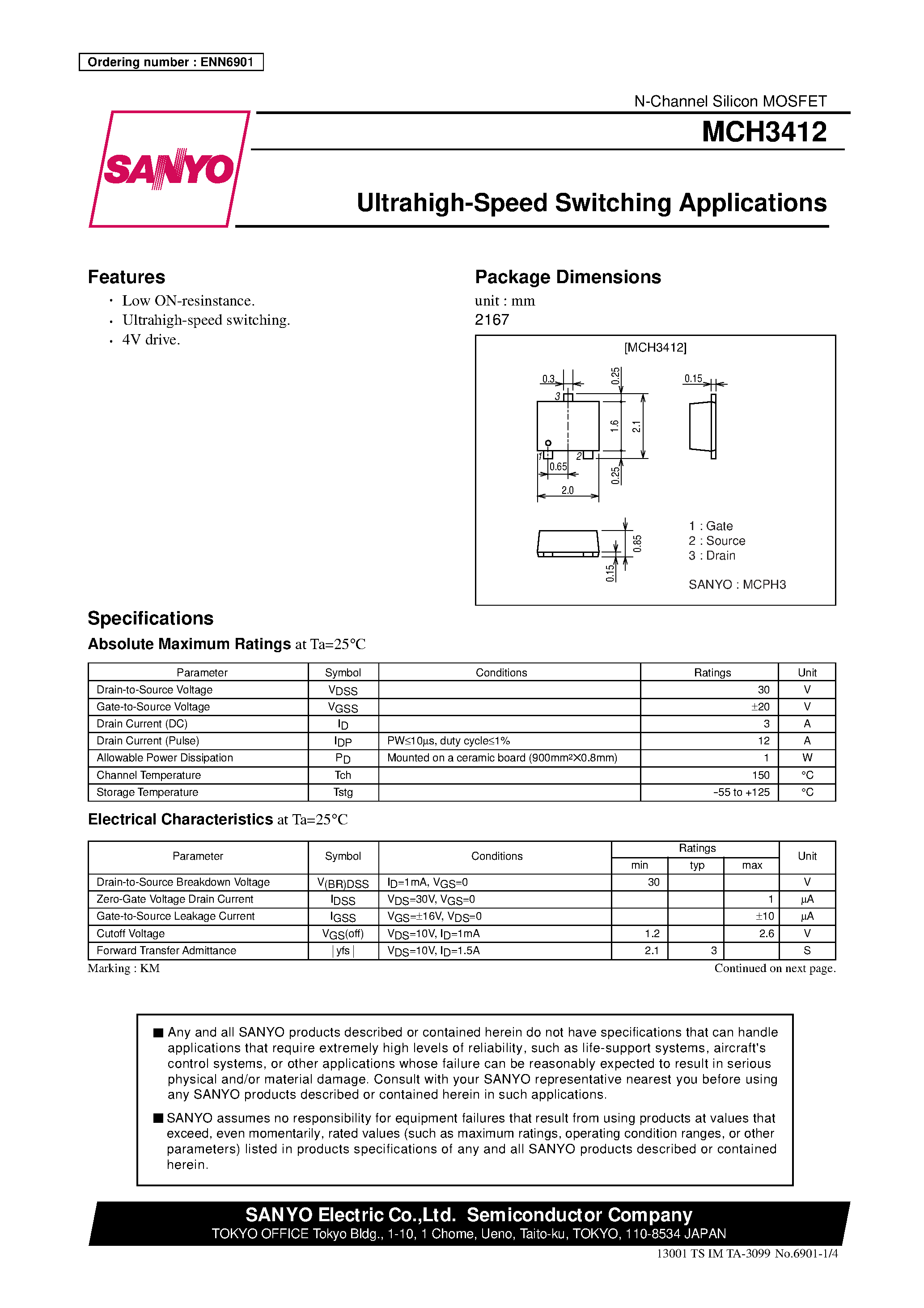Datasheet MCH3412 page 1 Datasheet MCH3412 - Ultrahigh-Speed Switching Applications page 1