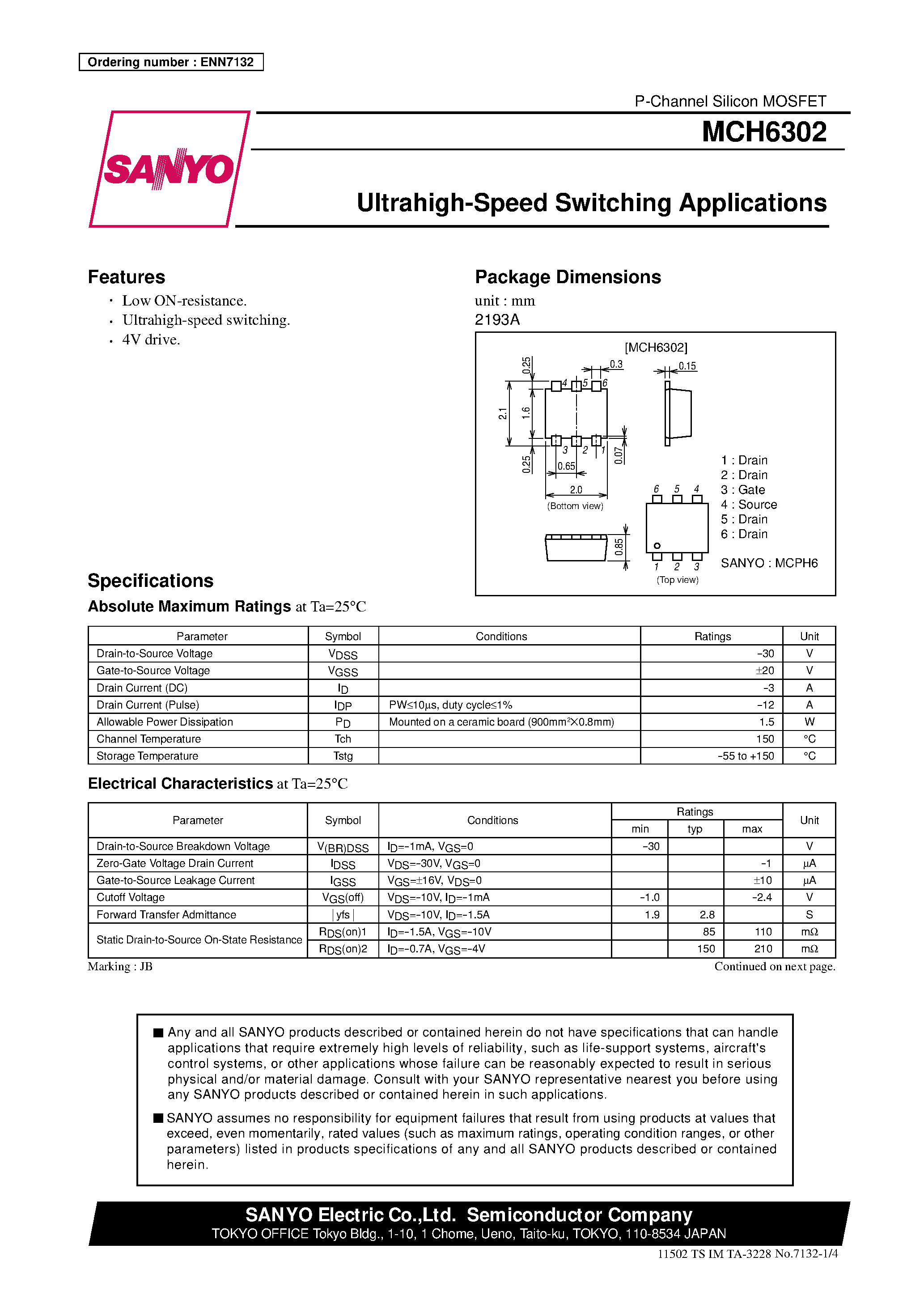 Datasheet MCH6302 page 1 Datasheet MCH6302 - Ultrahigh-Speed Switching Applications page 1