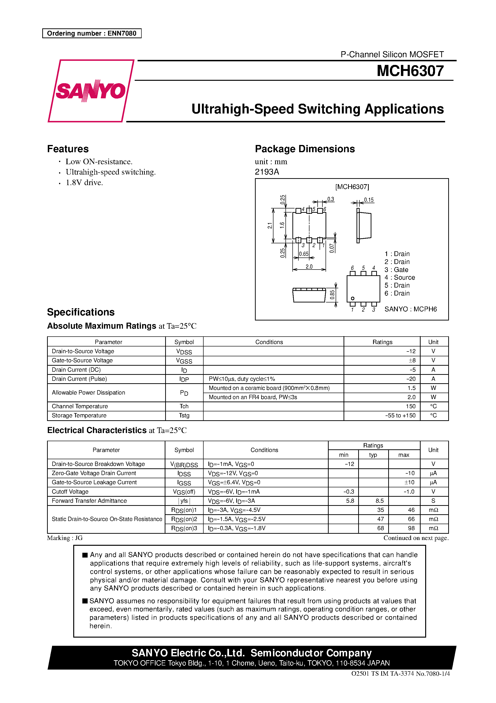 Datasheet MCH6307 page 1 Datasheet MCH6307 - Ultrahigh-Speed Switching Applications page 1