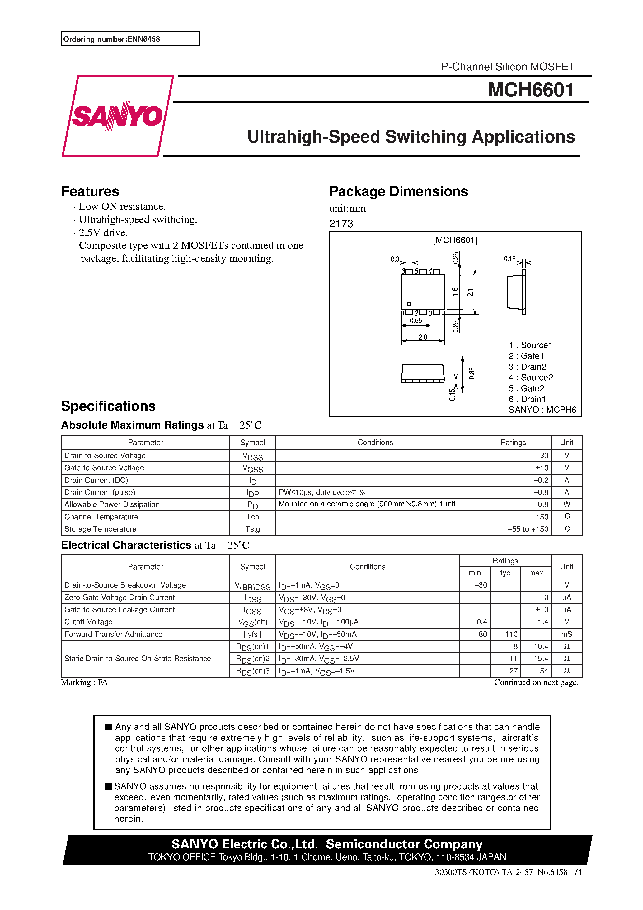 Datasheet MCH6601 page 1 Datasheet MCH6601 - Ultrahigh-Speed Switching Applications page 1