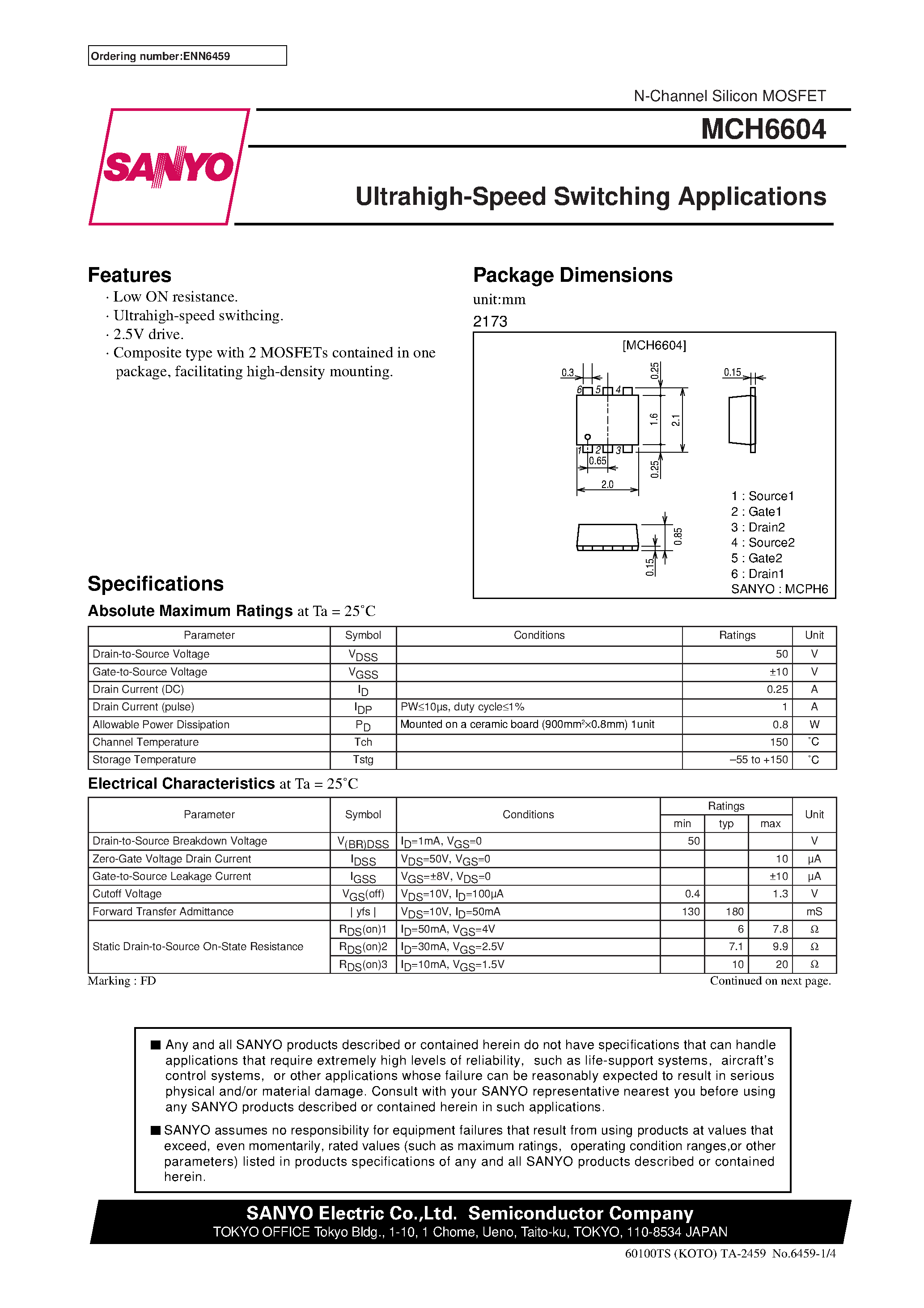 Datasheet MCH6604 page 1 Datasheet MCH6604 - Ultrahigh-Speed Switching Applications page 1