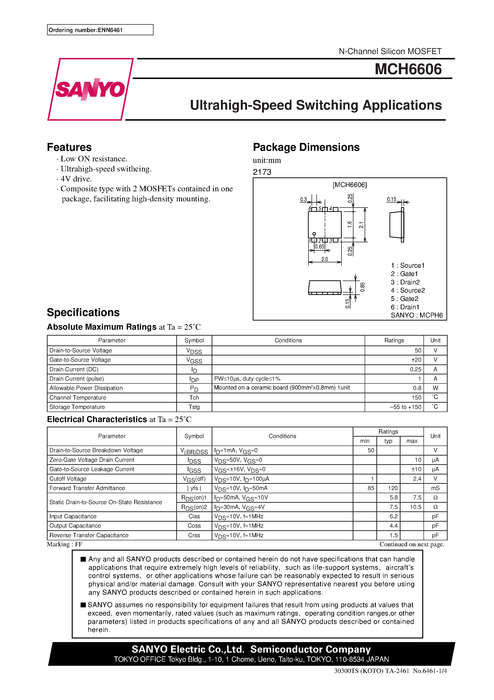 Datasheet MCH6606 page 1 Datasheet MCH6606 - Ultrahigh-Speed Switching Applications page 1
