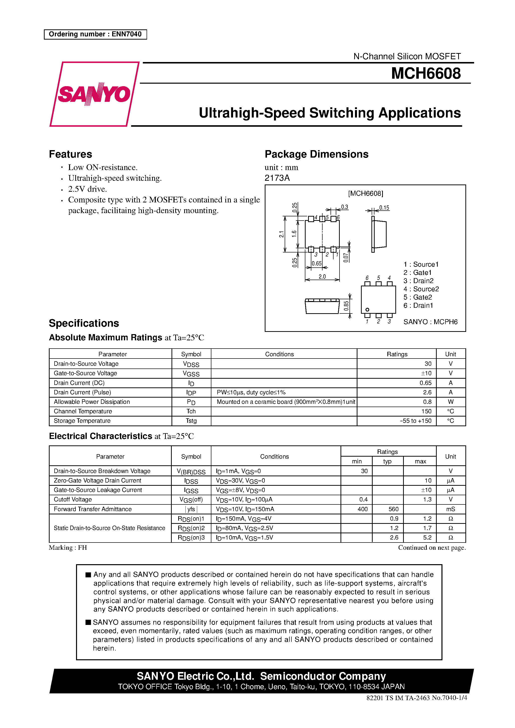 Datasheet MCH6608 page 1 Datasheet MCH6608 - Ultrahigh-Speed Switching Applications page 1
